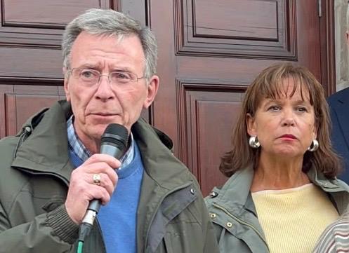 APPEAL: Breandán Mac Cionnaith speaking outside the High Court this evening. Right, Sinn Fein leader Marty-Lou McDonald