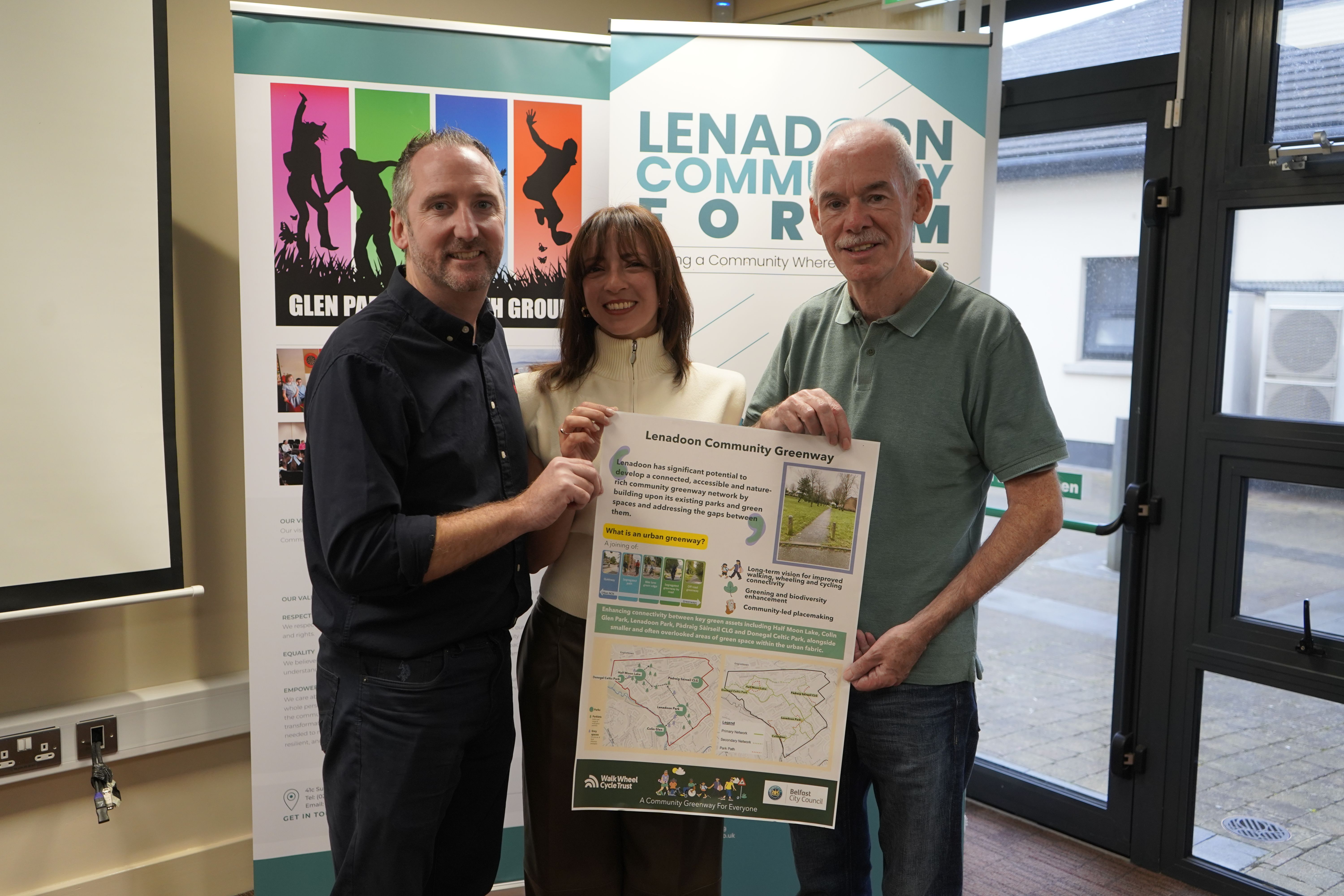 LENADOON GREENWAY PLANS: Perla Mansour (Walkwheelcycle Trust) with Paul Niblock and Michael Doherty from Lenadoon Community Forum