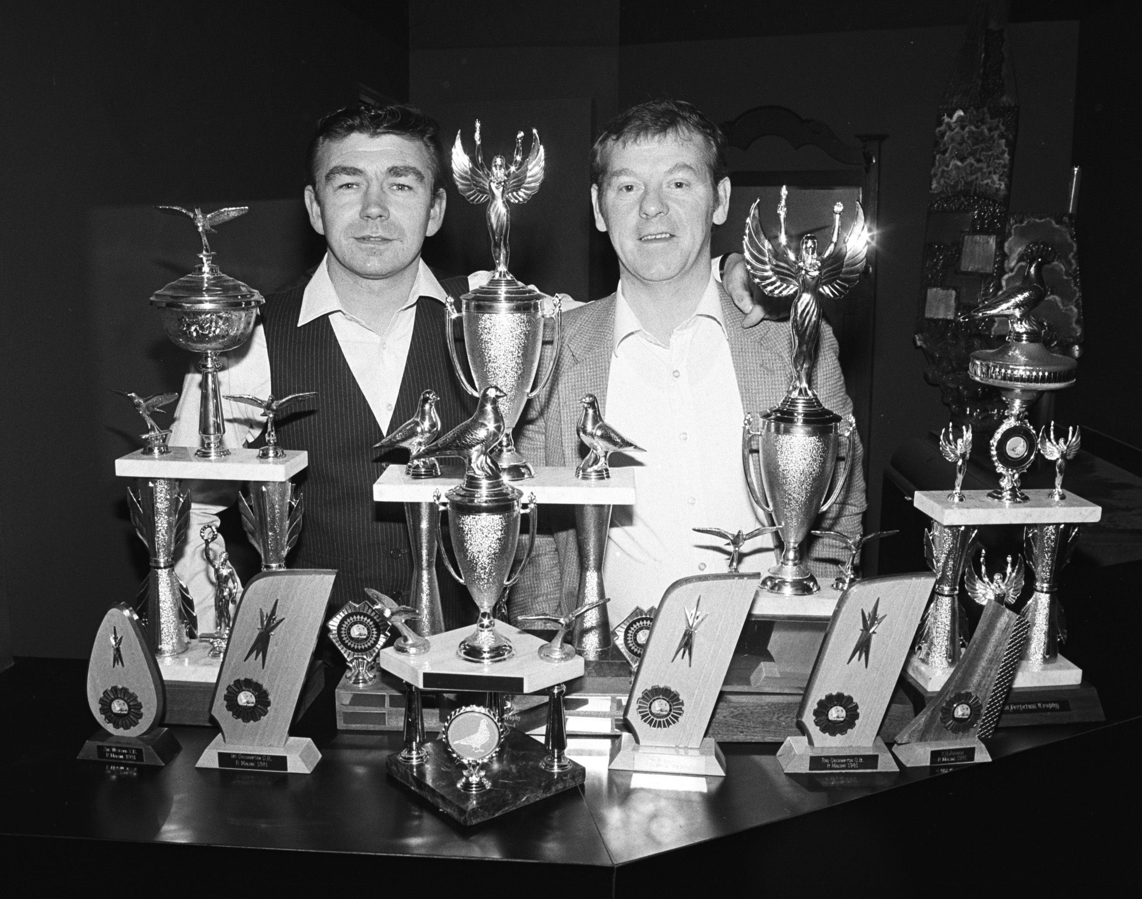 Ronnie Malone and Jim Maguire at the Andersonstown Racing Pigeon Club presentations in the Kerri Inn, this week in October 1981