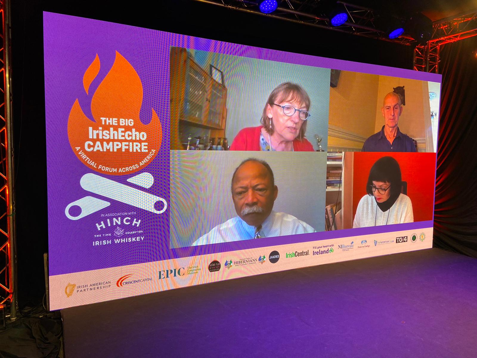 KEEP 'ER LIT: Discussing impact of Covid in US were Prof Christine Kinealy (left) of Quinnipiac University in Connecticut, Ryushin Paul Haller (right) of the San Francisco Zen Center (and native of Andersonstown), healthcare expert Kevin Davis (in North Carolina) and LeAnne Howe of the Choctaw Nation