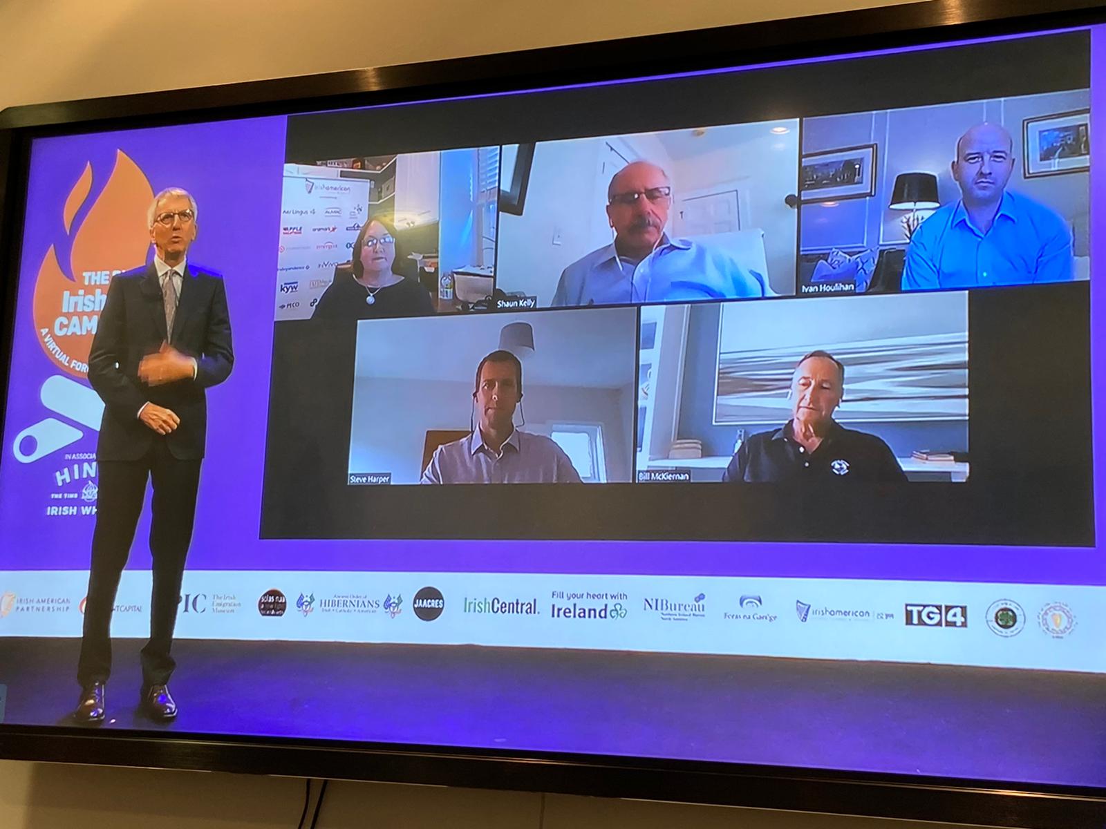 BANTER: Enjoying a back and forth with the business panel before we went live: Steve Harper of Invest NI (bottom left), Ivan Houliihan (top right) of IDA, Shaun Kelly of CRH (top) Bill McKiernan, founder Cybersource and chair Lisa Maloney of the IABCN in Philadelphia