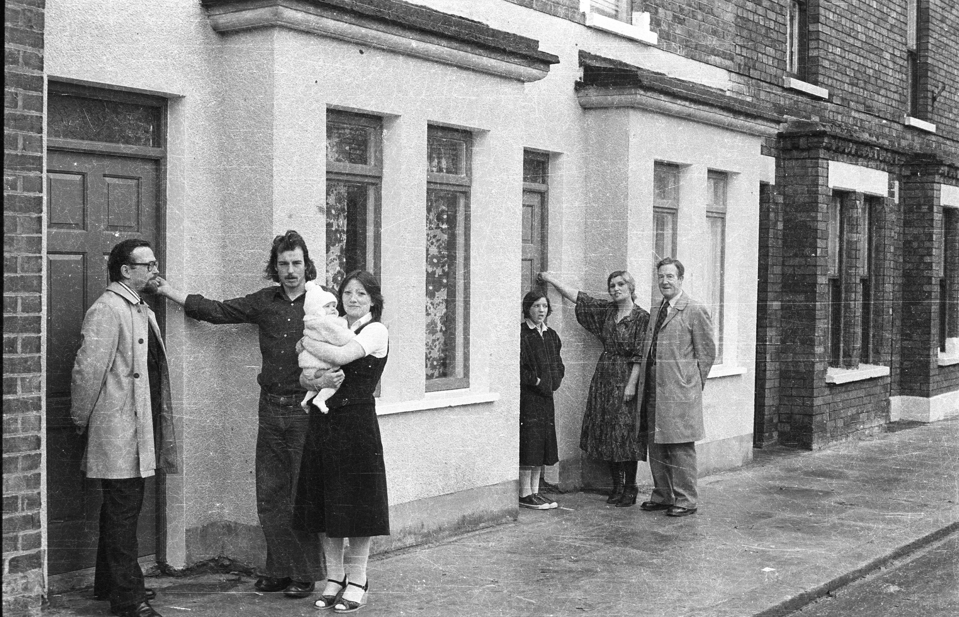 Jim and Ann McCullough and Geraldine and Donna McGuinness who were residents of NI Housing Association refurbished houses in Oranmore Street. Also present were Erskine Holmes (director NI Housing Assoc) and Andy McCallin (chairman Clonard Housing Association)