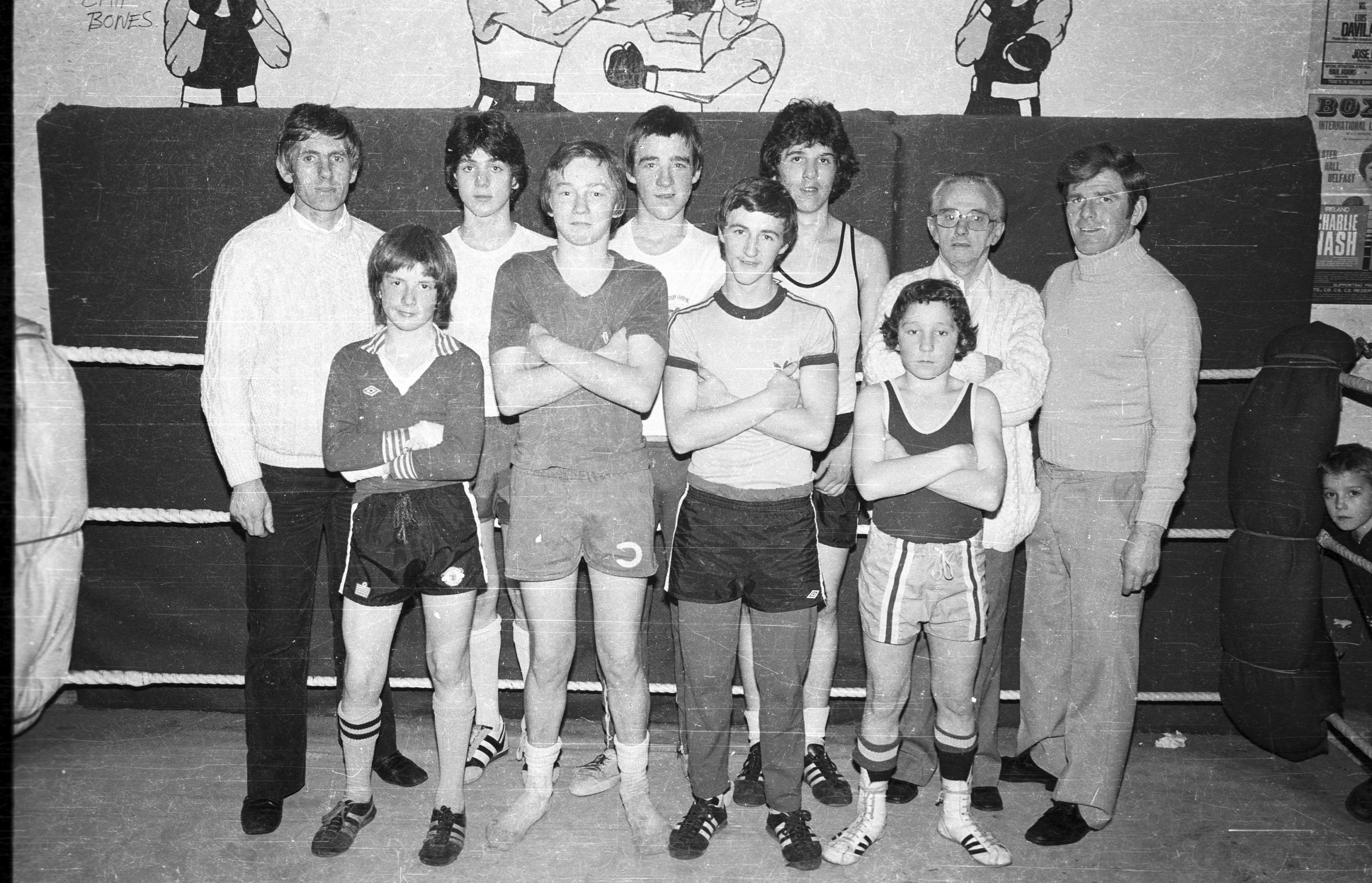 St Agnes' Amateur Boxing Club won the NI Association Boys Clubs Leading Club Award. Trainers Sean Kearney, Davy McGuinness and Jim McCourt (Olympic medalist) with Peter Corrigan, Ciaran Loughran, Tony Currie, Jimmy McGrath, Tony Williamson, Frankie McCourt and Sean Donnelly