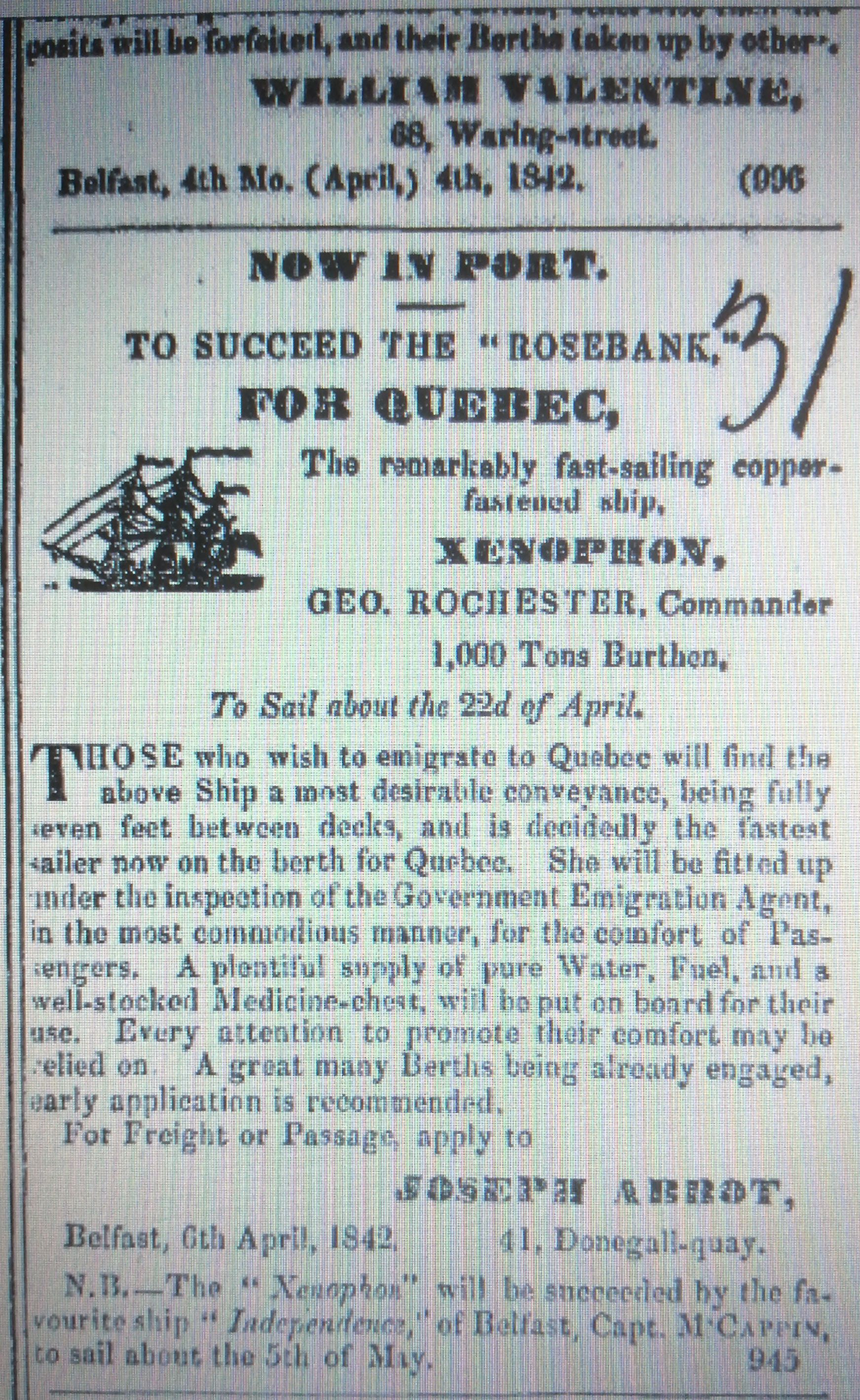 Adverisement for 1842 of Passenger Emigrant Vessel 'Xenophon' to Quebec from Belfast