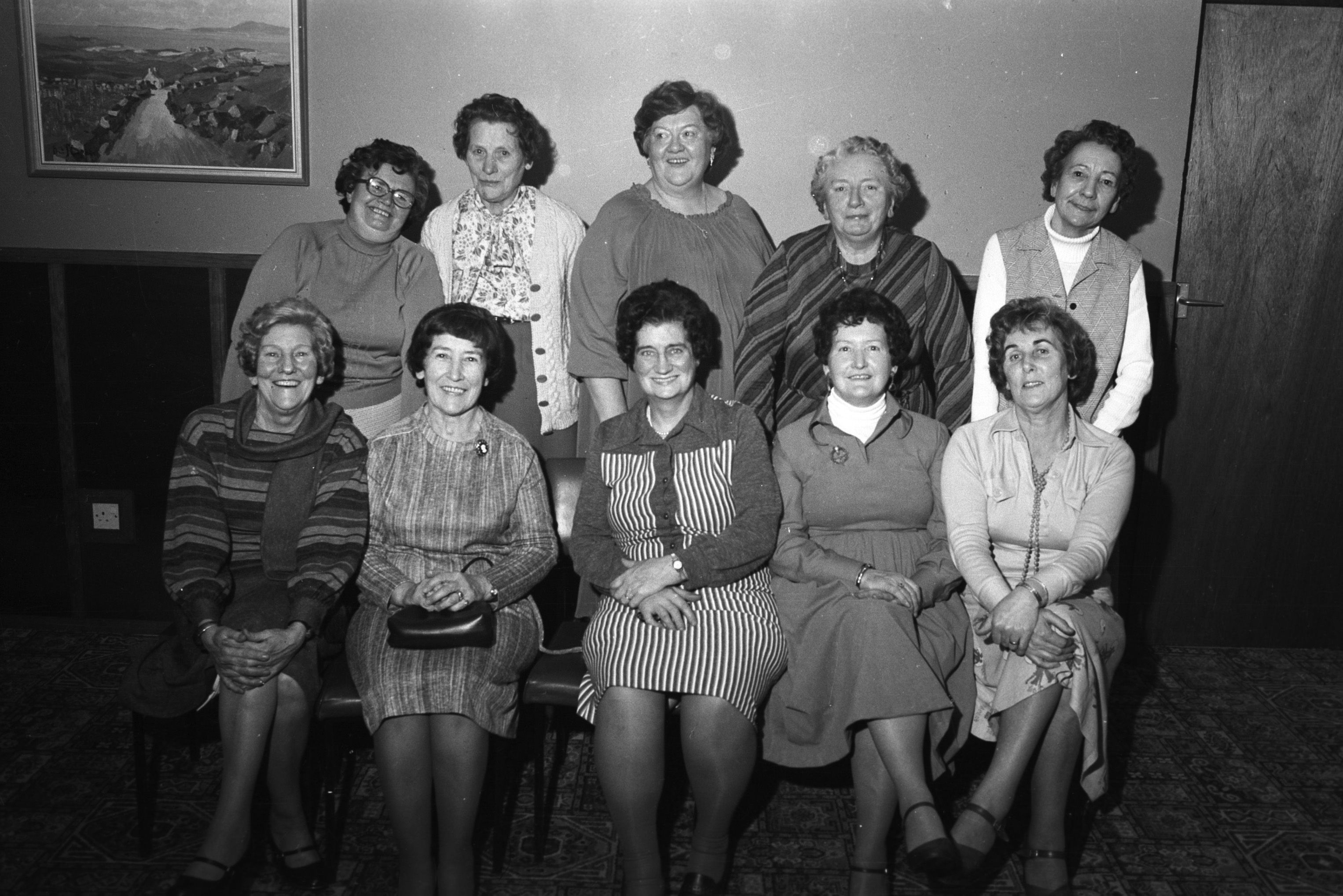Co. Antrim Senior Cup winners. Back row: Maureen Campbell, Rosemary Marrion, Bridie McManus, Winne Shannon, Sue McKenna. Front row: Annie McGlinchey, Kathleen Daly, Nora Kane, Bridie Quinn, Moya Donnelly. The women met up for the Deirdre Camogie 50th anniversary. They were all Deirdre members from the 1960s