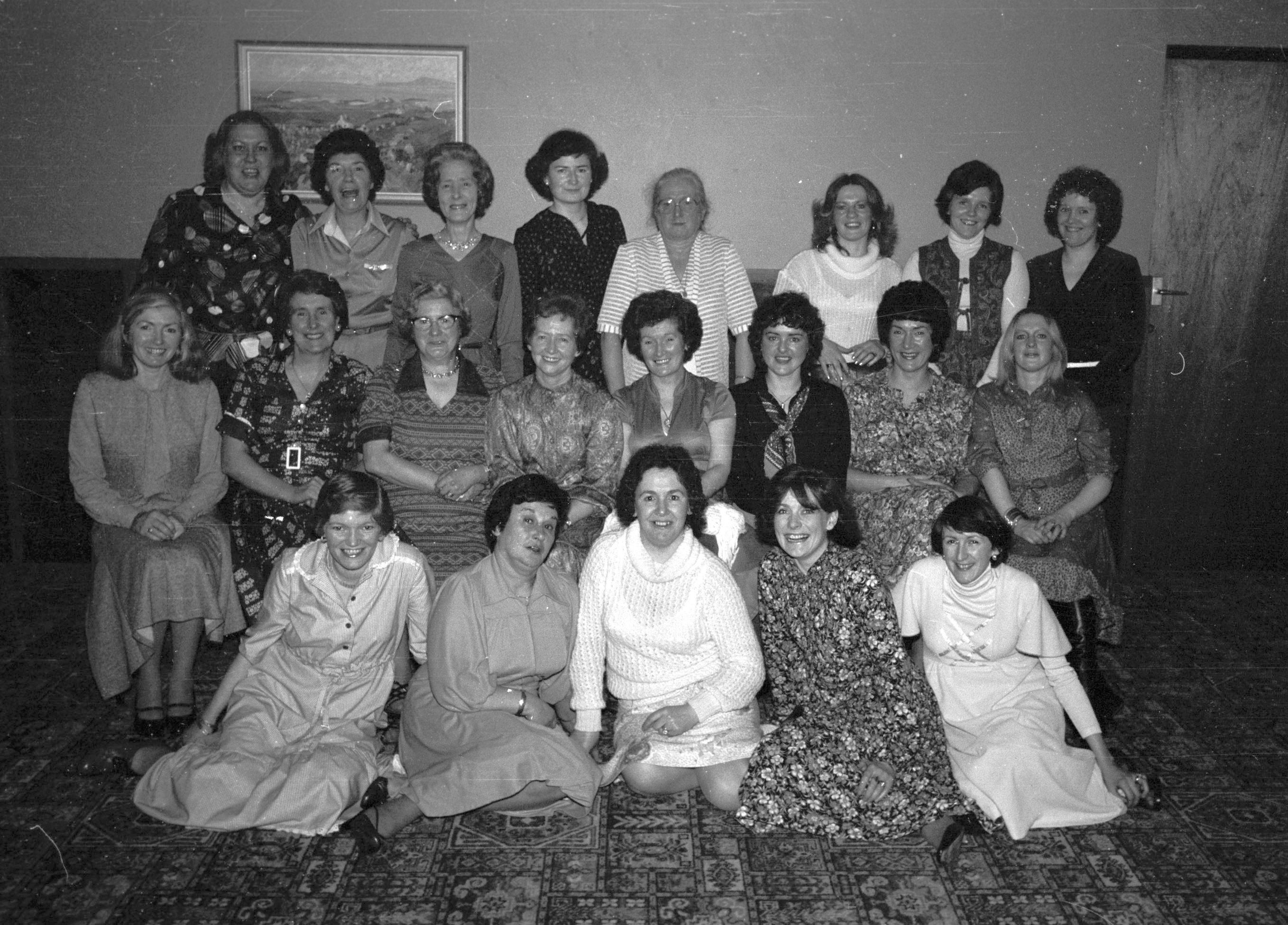 Deirdre 50th anniversary. Members from the 1960s. Front: Kathleen Hughes, Lil Lanigan, Maura Gallagher, Patty Bannon, Elsie McParland. Middle: Kathleen McManus, Betty Deery, Molly Clarke, Ida Sheridan, Peggy O'Neill, Rosaleen Clarke, Sue Ward, Mary Lundy. Back: Breige Gilmore, Nancy Murray, Babs McCabe, Ann O'Hare, Maureen Hoey, Nell McCallion, Delores and Rita Crawford