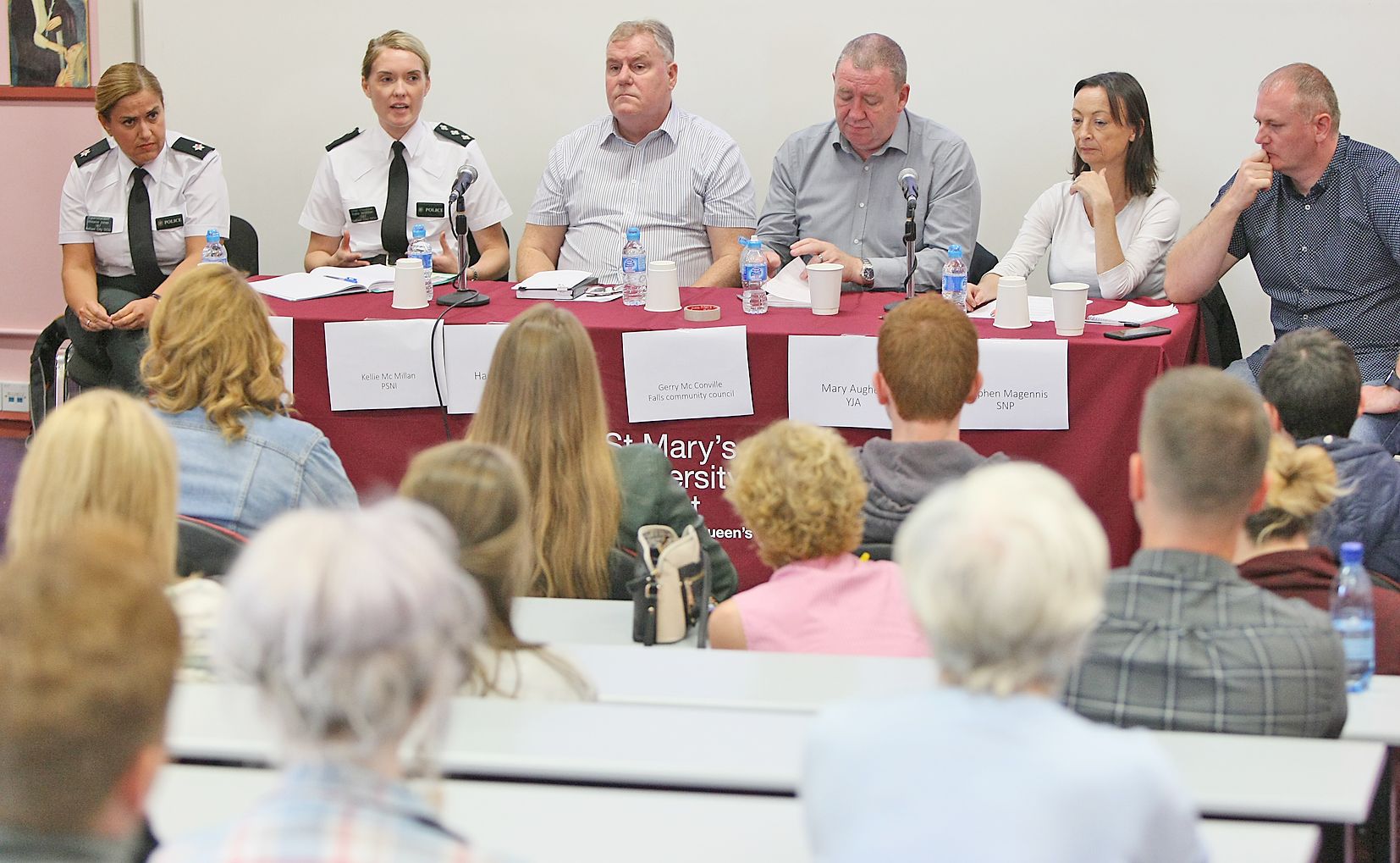 DEBATE: Harry Maguire (third from left) taking part in a discussion about restorative justice as part of Féile an Phobail in 2017 with PSNI officers and community leaders.