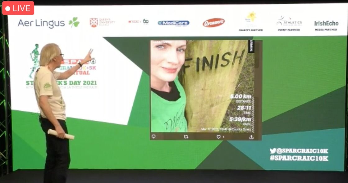 IRISH RUNNING THE WORLD: Máirtín Ó Muilleoir (who did his 10K on the Black Mountain) presenting the live SPAR Craic 10K show.