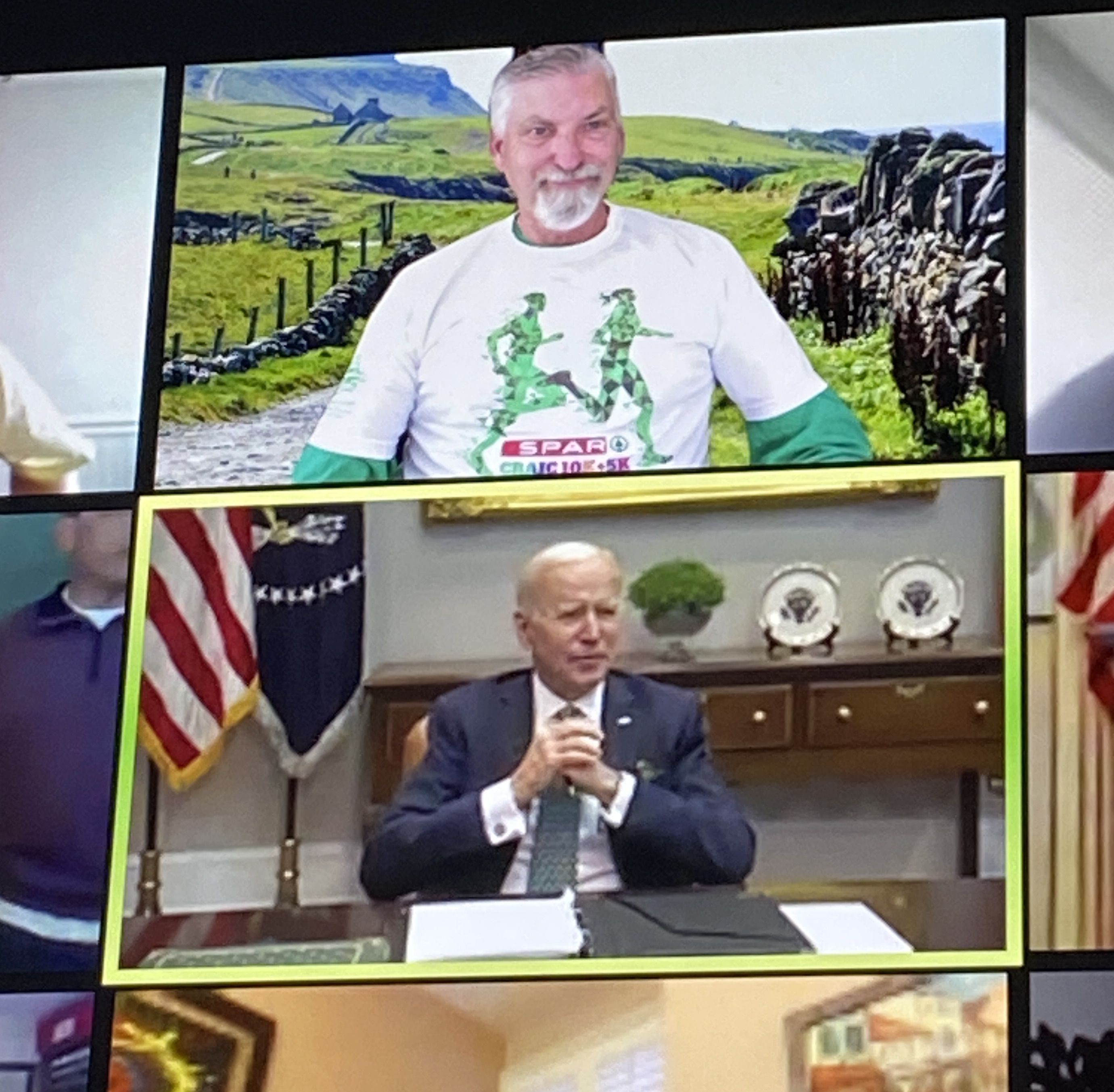 SHOUT OUT: President Biden did a call with Irish groups across America yesterday and among participants was John McNally of California who was proudly sporting his SPAR Craic 10K tee-shirt.