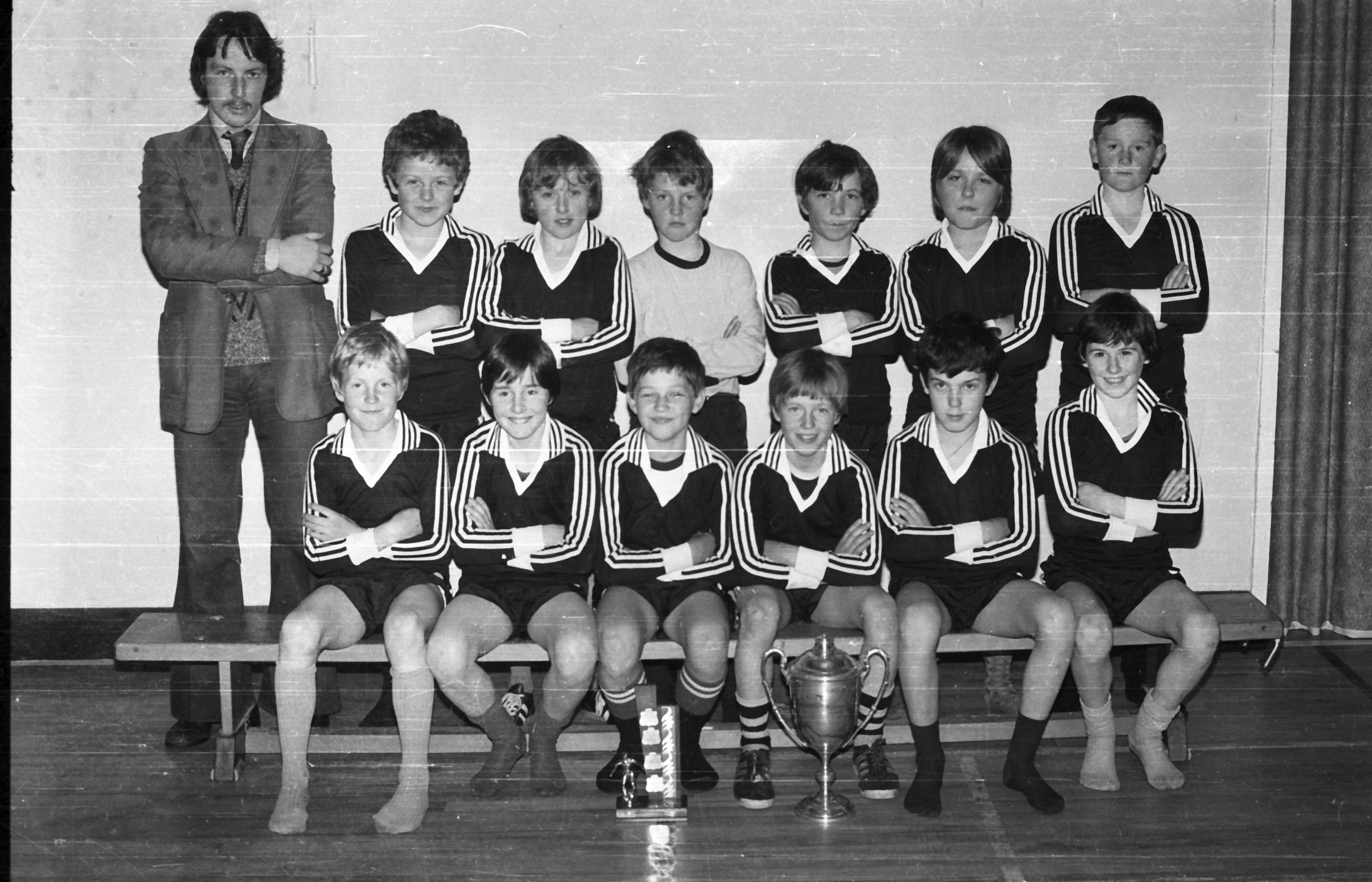 St John the Baptist Boys seven-a-side soccer champions, including Martin Quinn (teacher), Peter McCaffery, Pat Conlon, Joseph Compston, John Hagan, Conal Heatley (Captain), and Danny Boyd