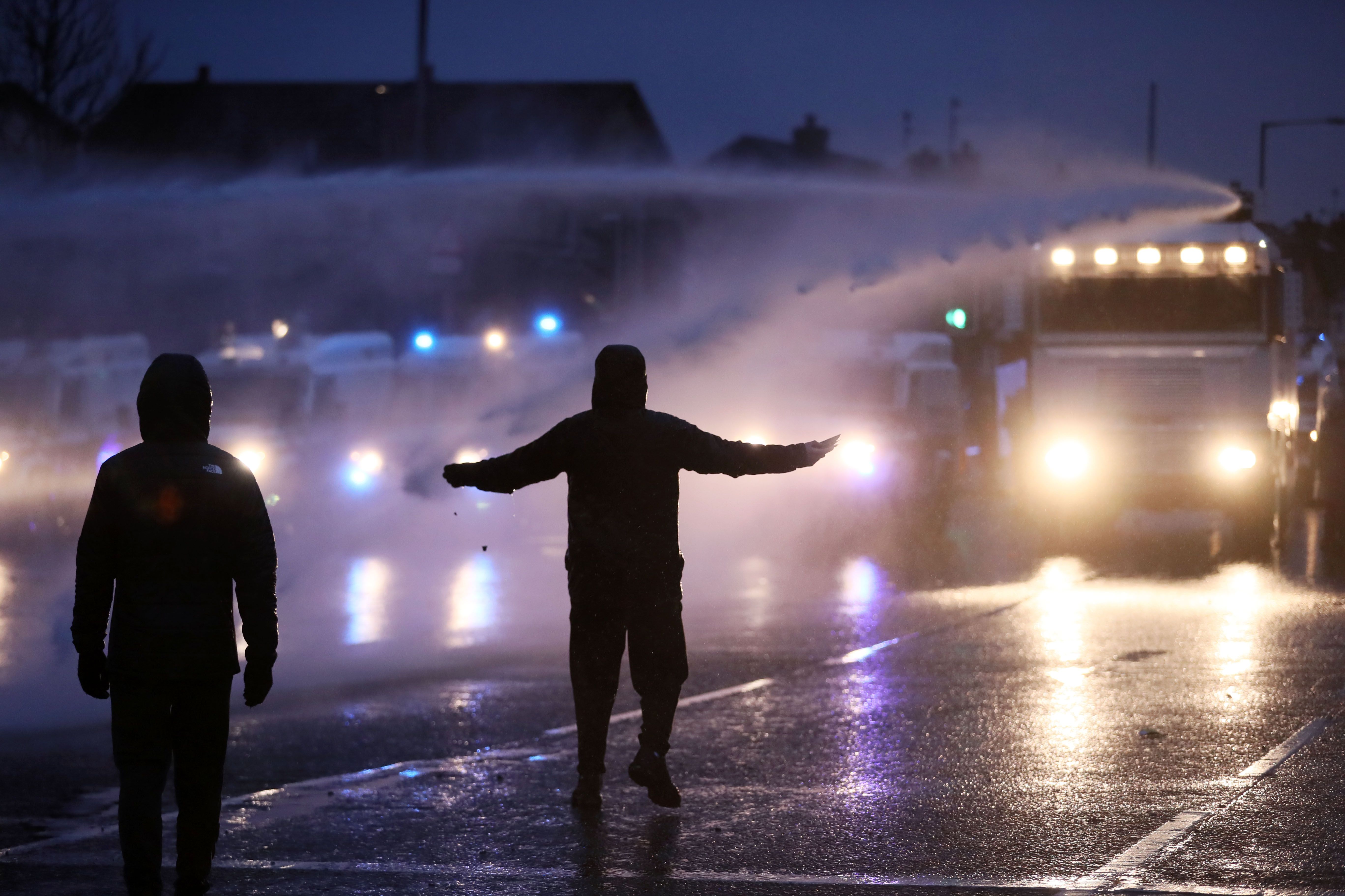 WATER CANNON: Police used a water cannon for the first time in six years