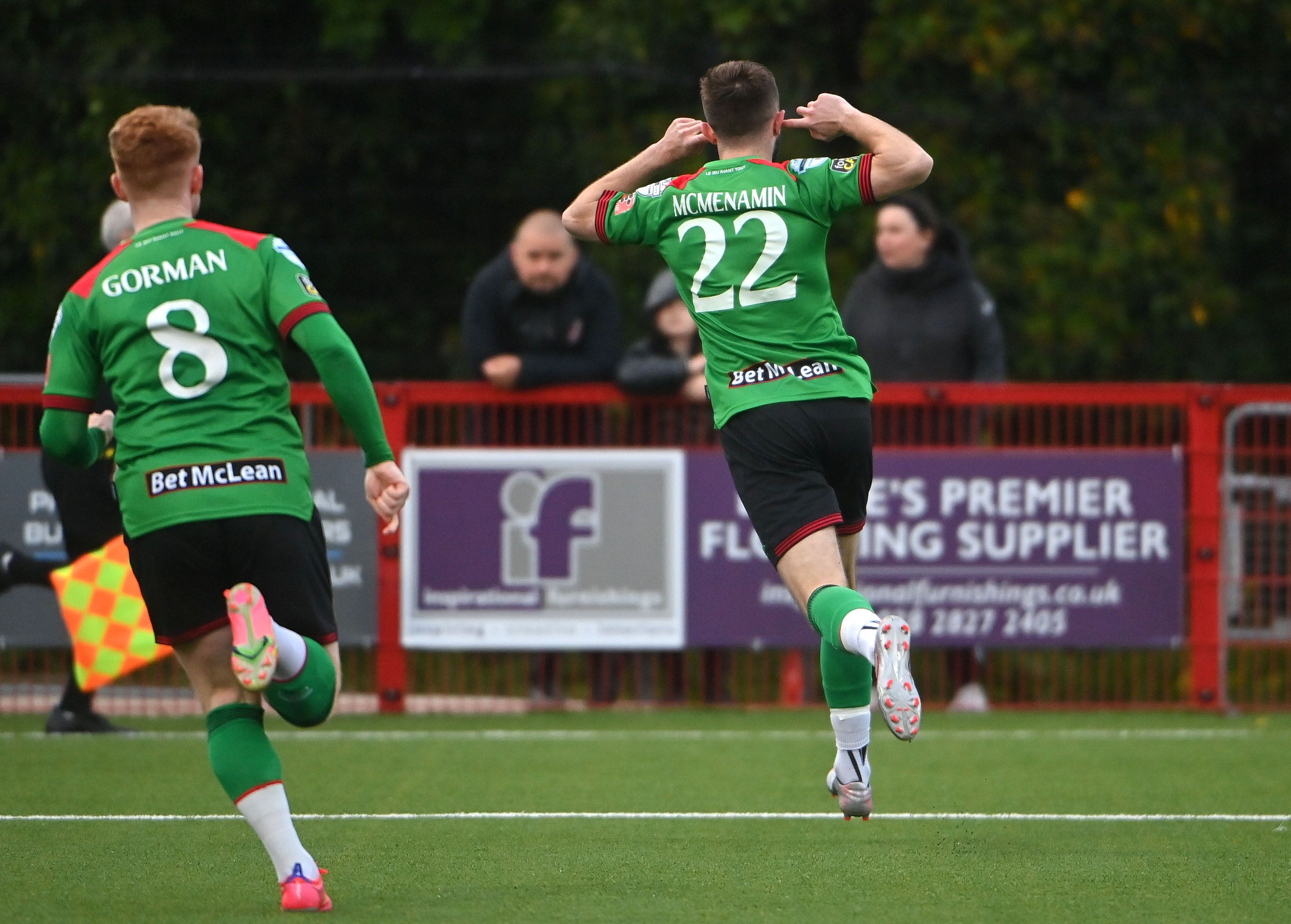 Conor McMenamin celebrates scoring the goal that secured third place for Glentoran