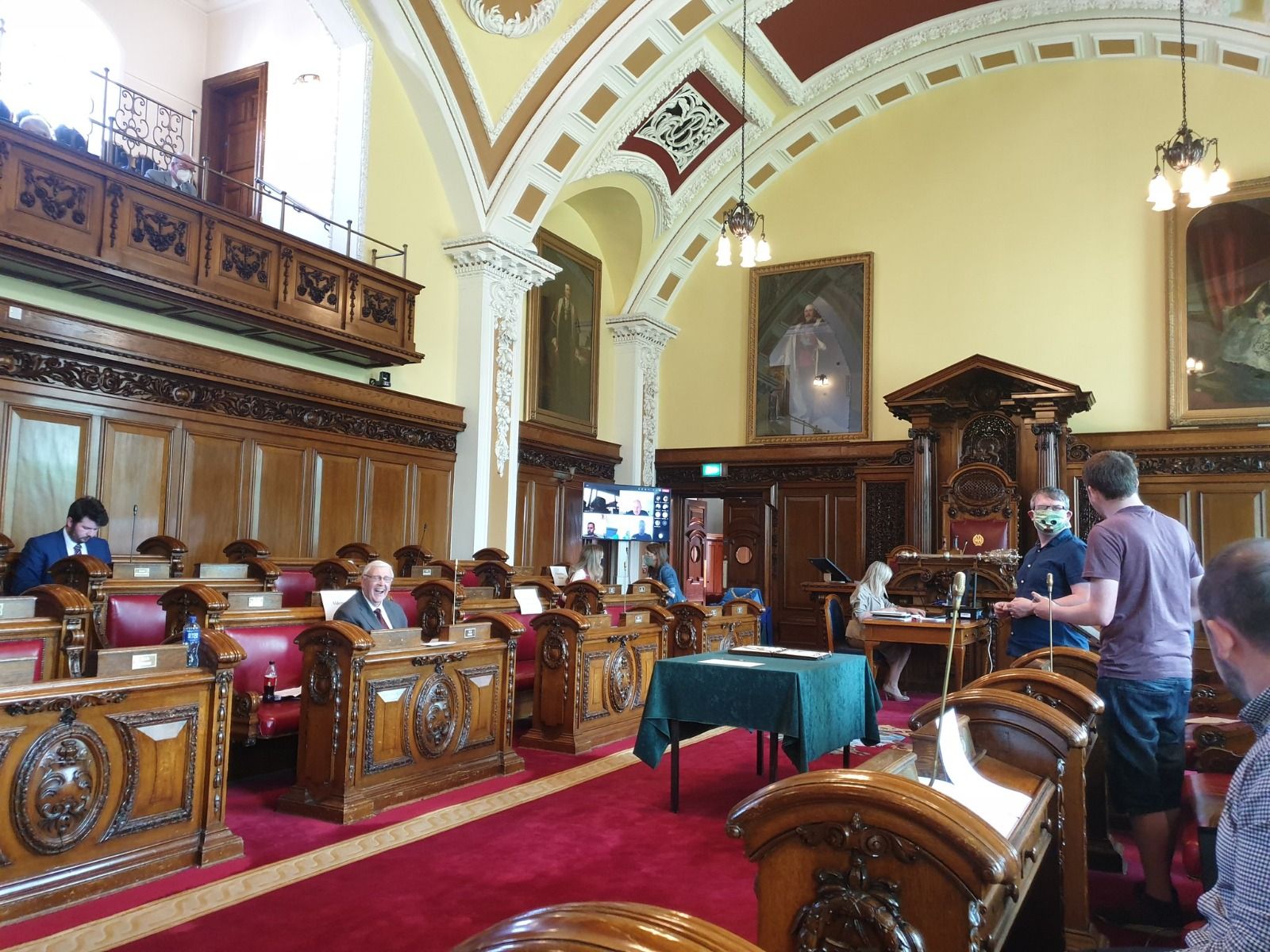 BACK TO BUSINESS: A limited number of councillors took part in the monthly meeting from the Council chamber