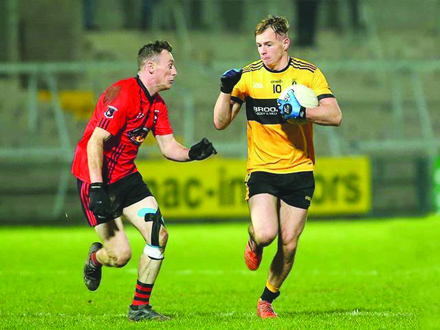 Healy in action for Naomh Éanna against Tattyreagh in the 2018 Ulster Club Intermediate semi-final at the Athletic Grounds