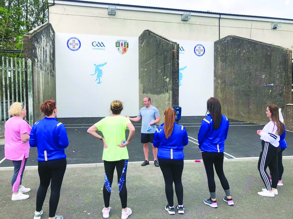 Antrim handball chairman Paul Graham giving a coaching lesson to the teachers at Edmund Rice 