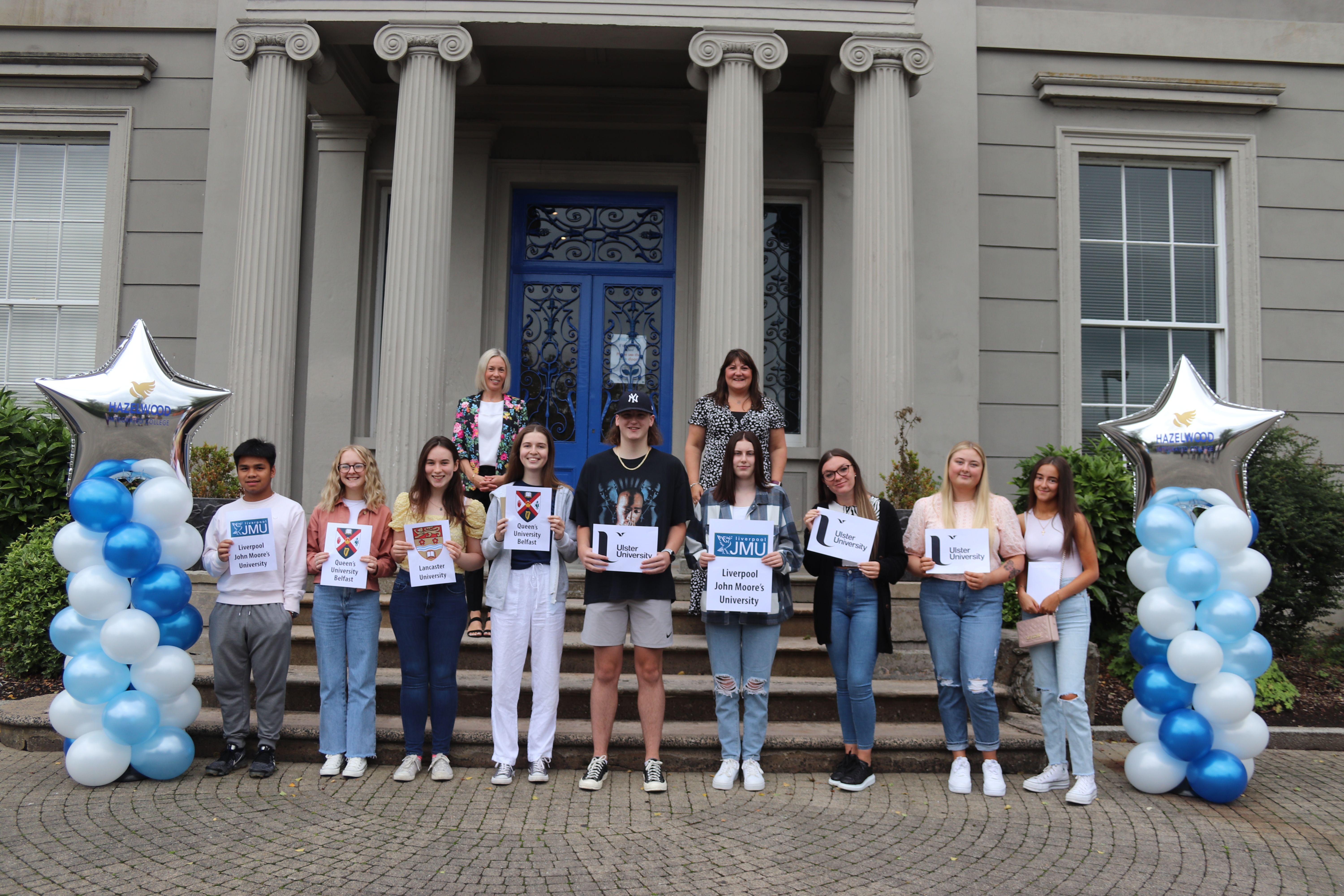 Hazelwood Integrated College A Level students with Vice-Principal Aine Leslie and Head of Year Maria Robb