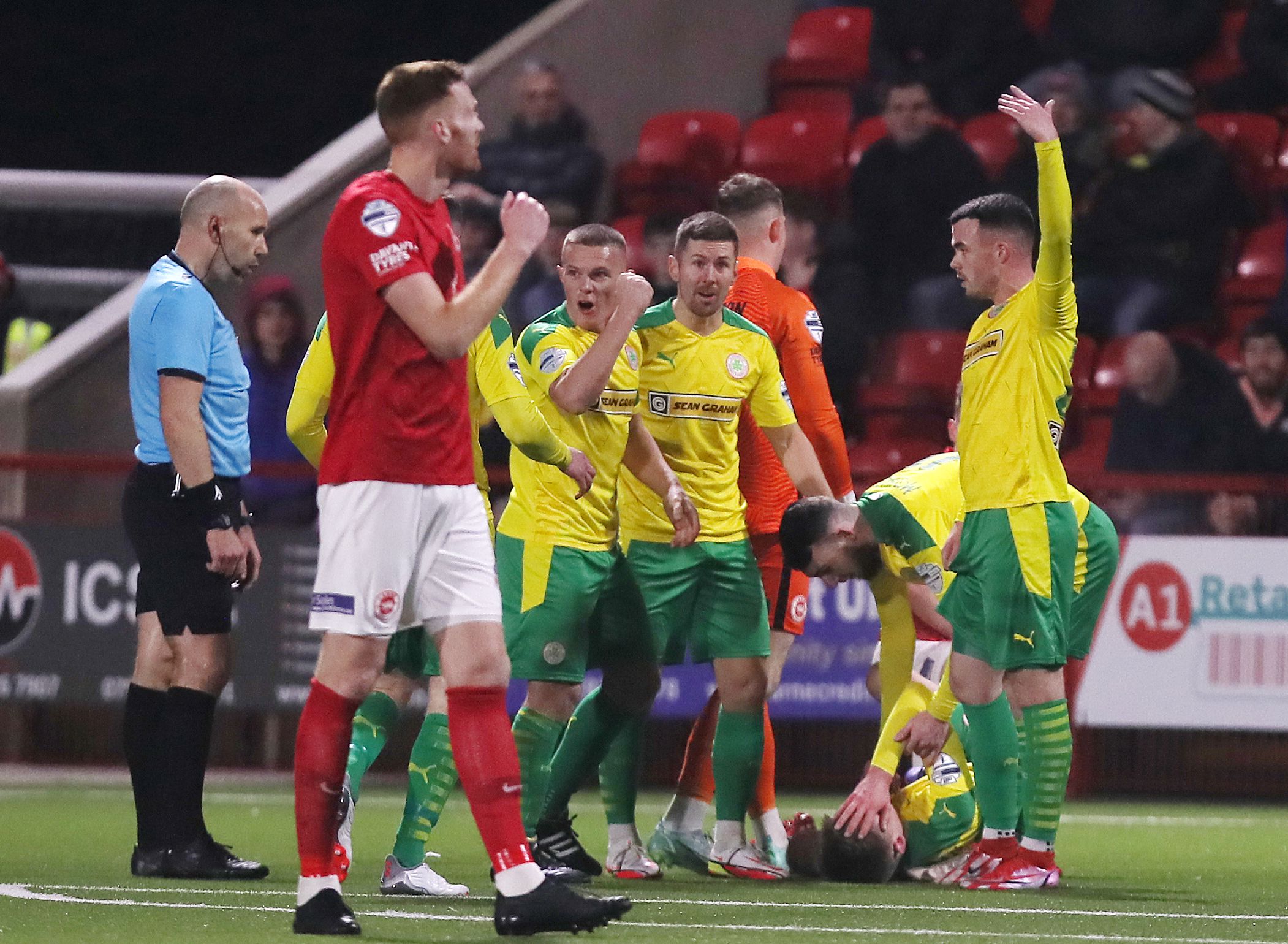 Ryan Curran goes down injured after scoring the only goal of the game