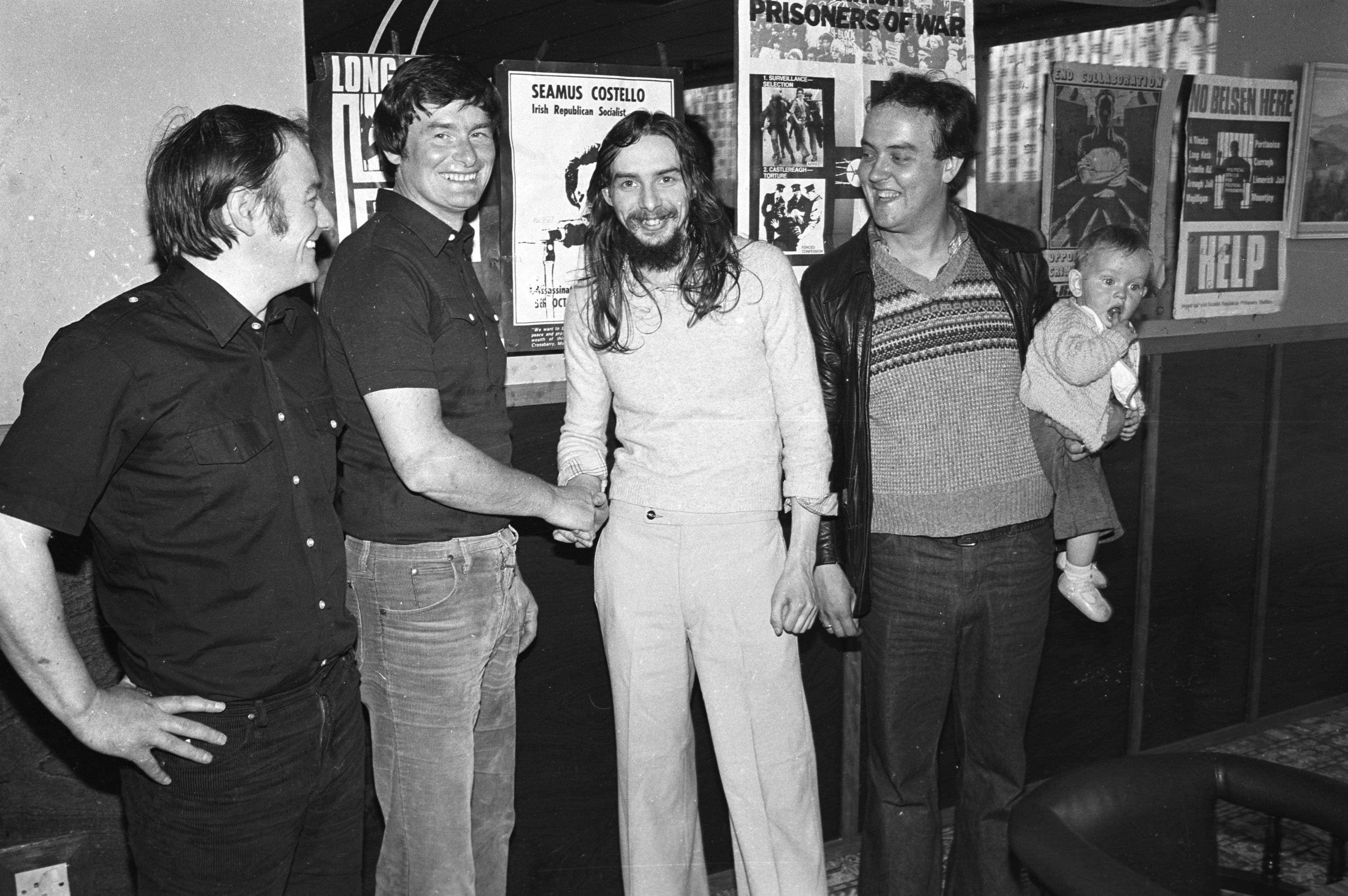 Released Irish Republican Socialist Party Blanketman Thomas McGinn with brother and IRSP members. Ronnie Bunting and son on right 