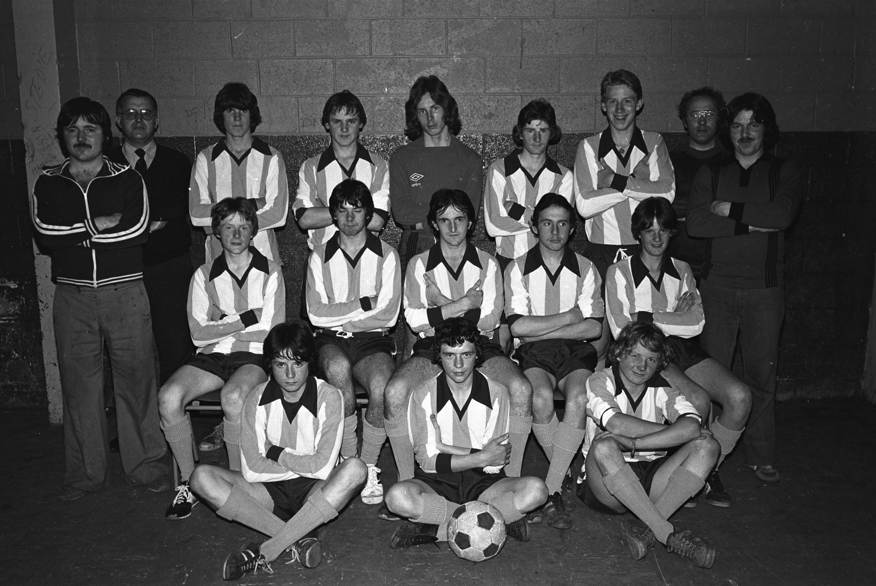 Down and Connor League 5-a-side winners Newhill FC at Newhill Youth Club, with Sammy Dowds, Pat McStravick, Ned McMullan and John McAree