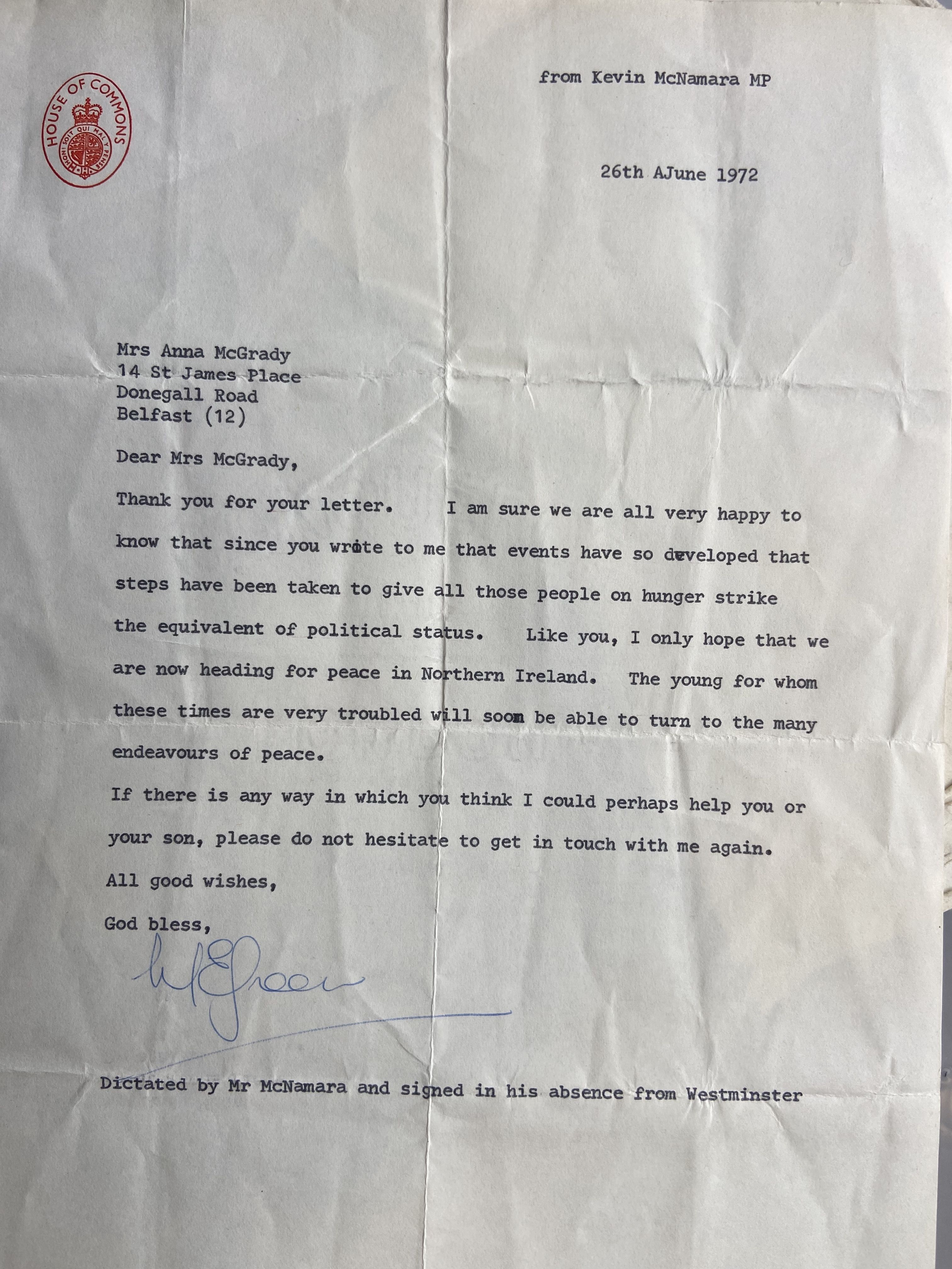 A reply from Labour MP Kevin McNamara to Anna McGrady