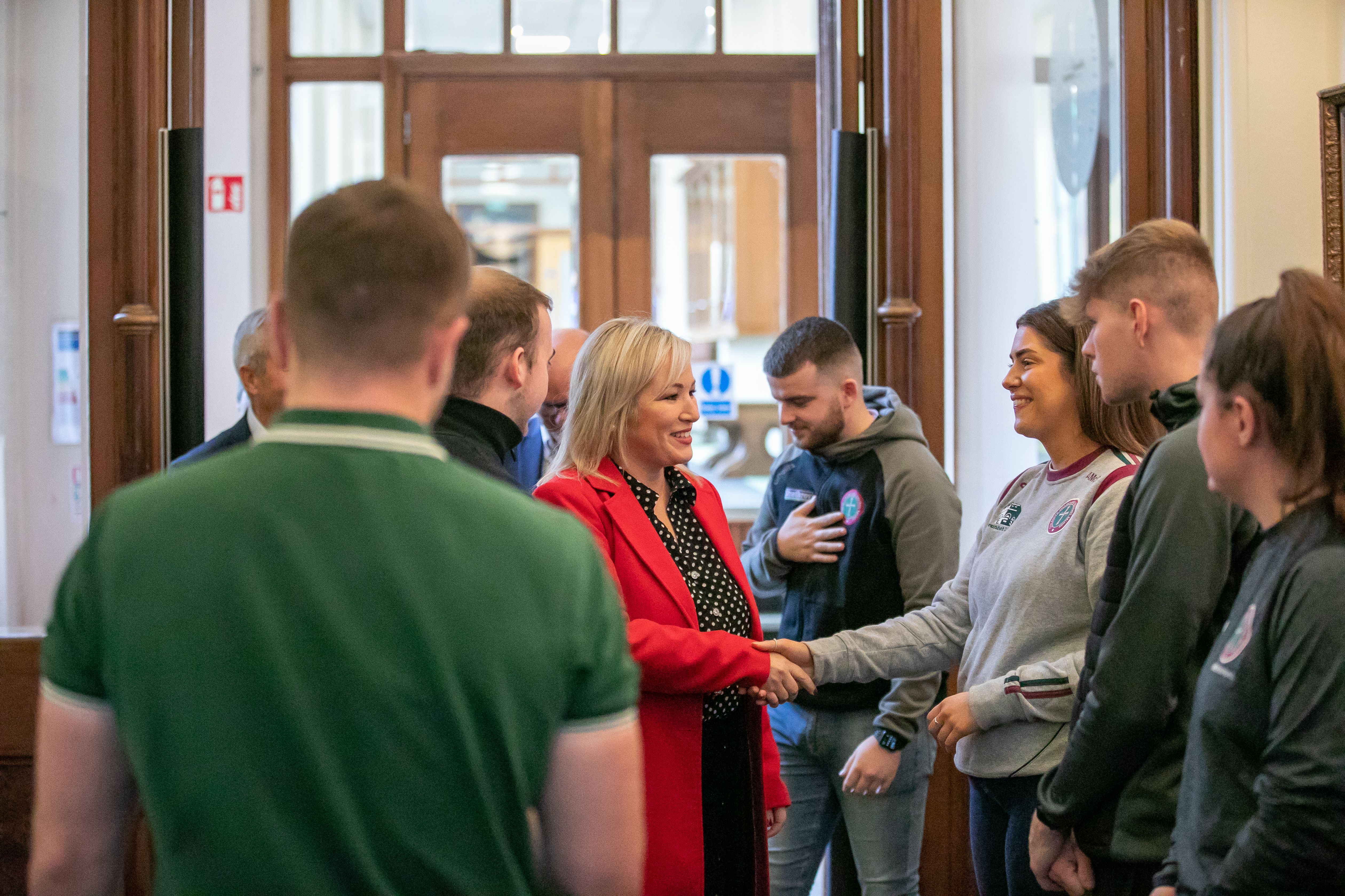 Michelle O’Neill is greeted by St Mary’s Student Union on her arrival to the College