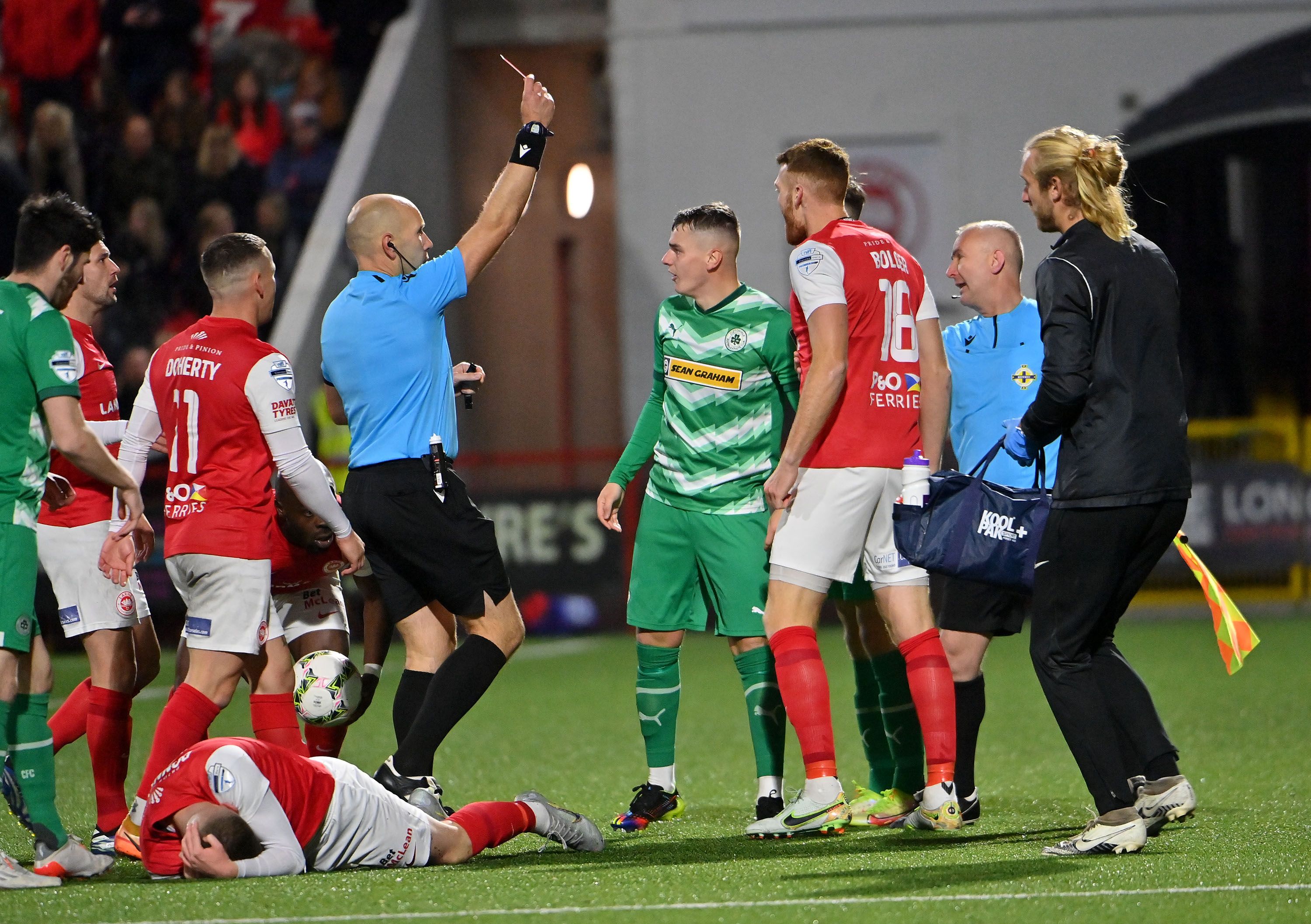 Sean Moore is shown a red card