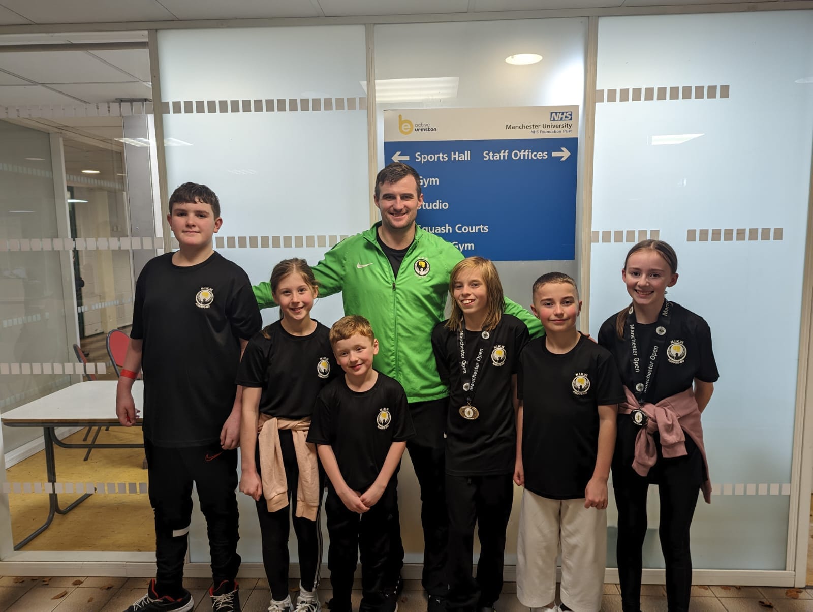Northern Ireland Youth Squad of Jack Carson (bronze medallist), Alex Crowe, Jospeph McBride, Jamie Gibson (bronze medallist), Cole Orr and Tierna Lavery at the Manchester Youth karate open with Northern Ireland coach James Brunton