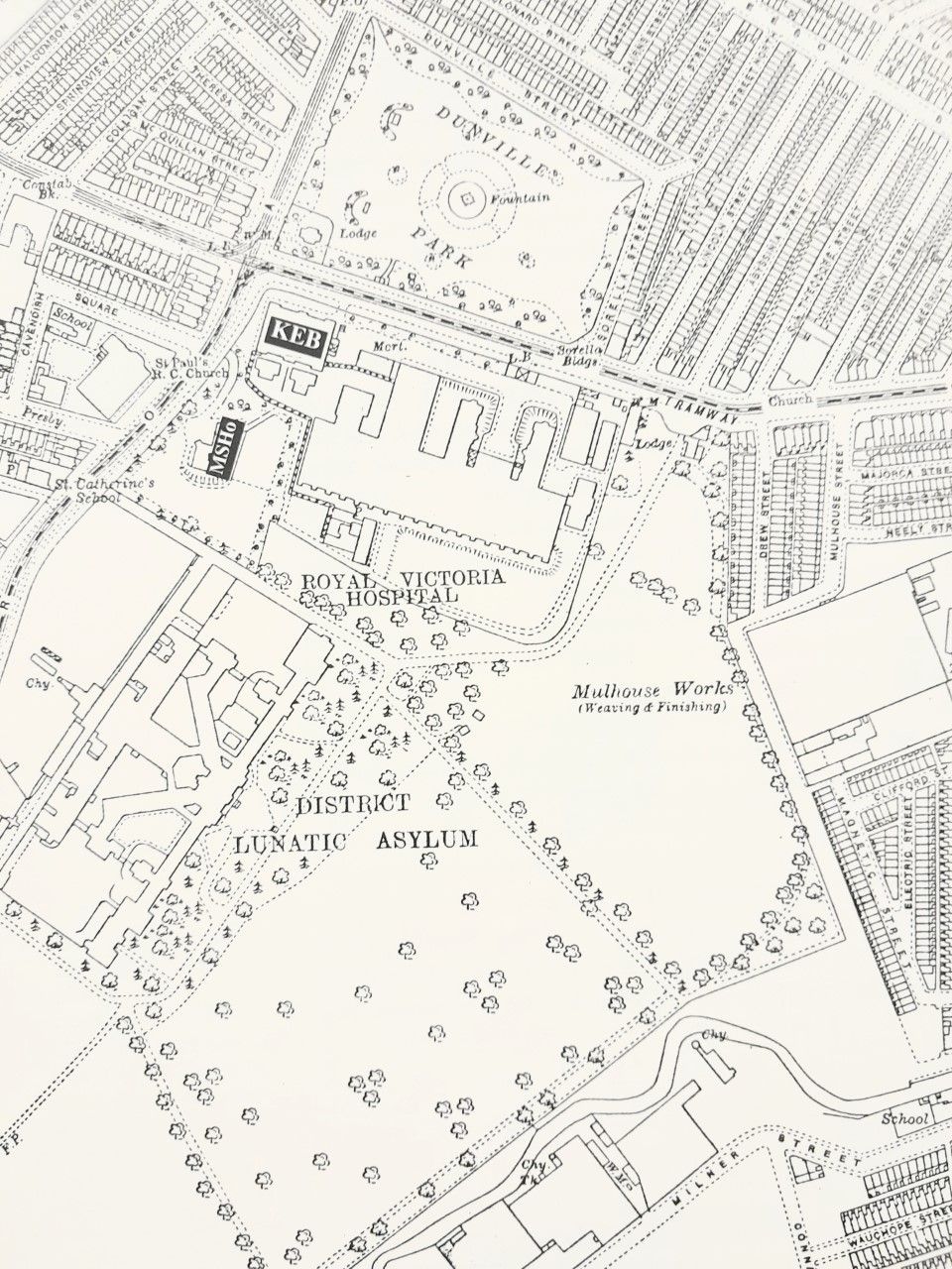 NI Ordnance Survey Map of Belfast 1923 - Belfast District Lunatic Asylum, Falls Rd, in grounds of RVH, one year before demolition