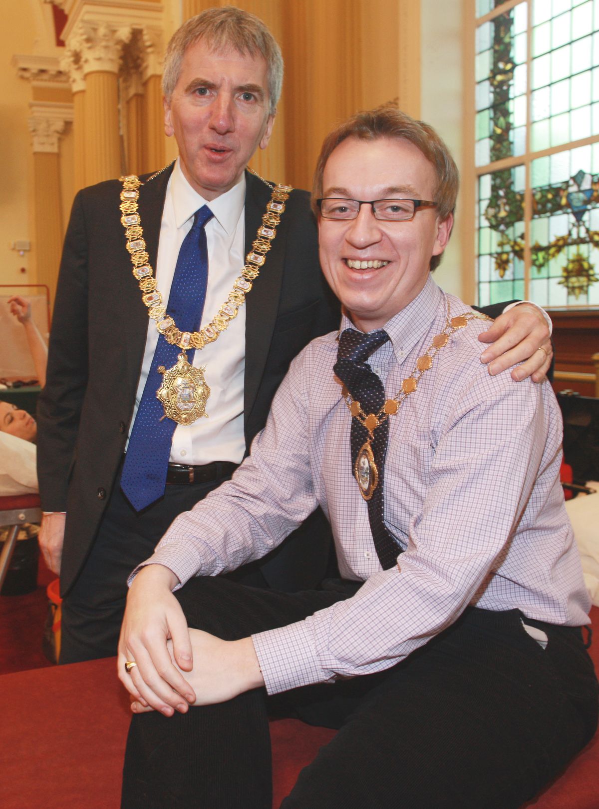 CITY SERVANT: Then Deputy Lord Mayor Christopher Stalford (right) pictured in 2014 at a blood donation session with then Lord Mayor Máirtín Ó Muilleoir 