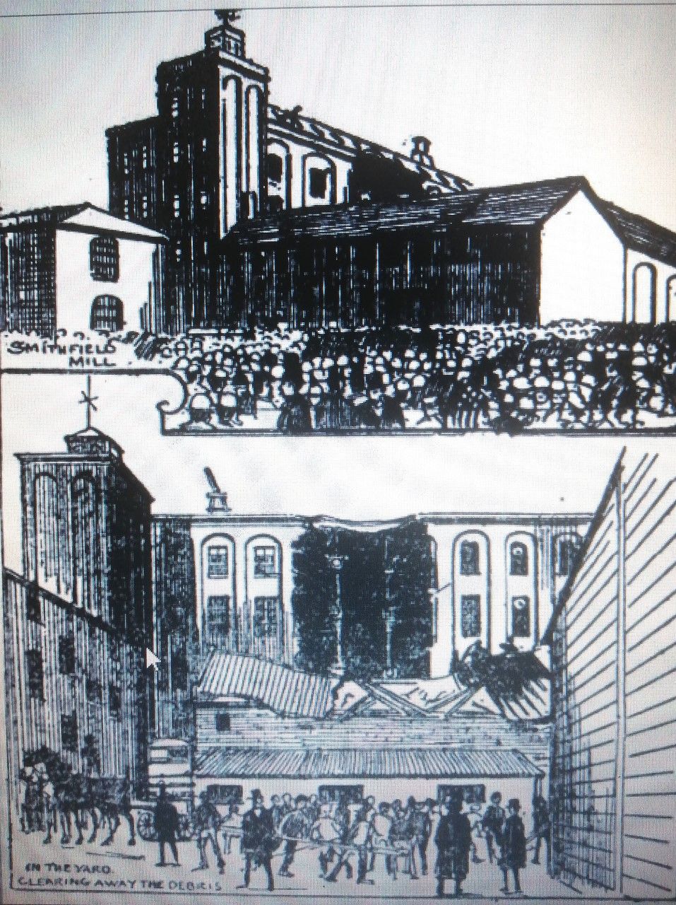 Belfast Newsletter Sketches of Pipe Lane Mill, Smithfield, January 21st, 1902. Before and after the Accident
