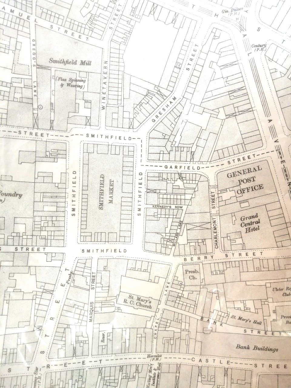 Map, Belfast Historical Towns Atlas No17; Smithfied,Belfast, 1900. showing location of Flax Spinning and Weaving Mill. Top Left.