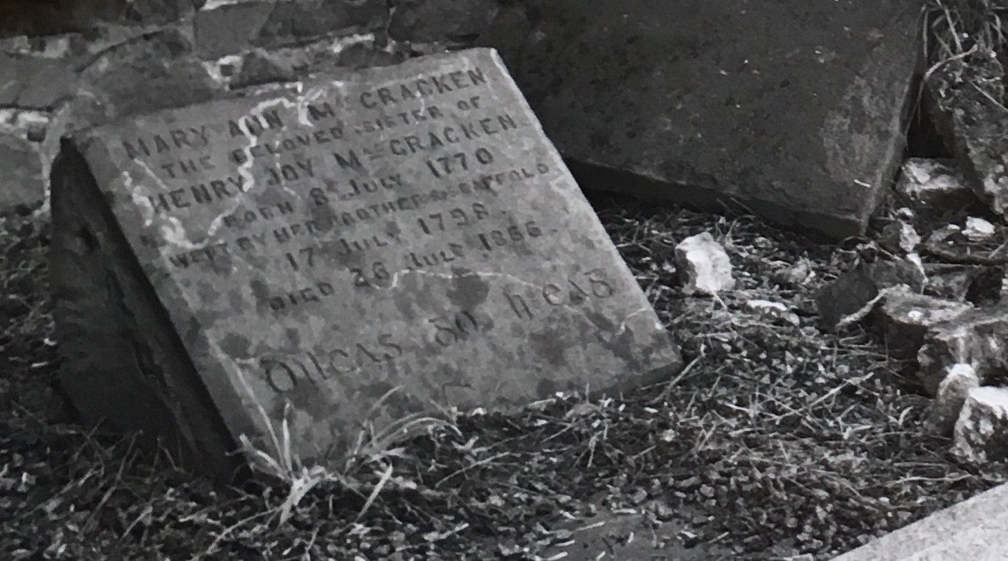 Mary Ann McCracken’s headstone in the North Belfast graveyard