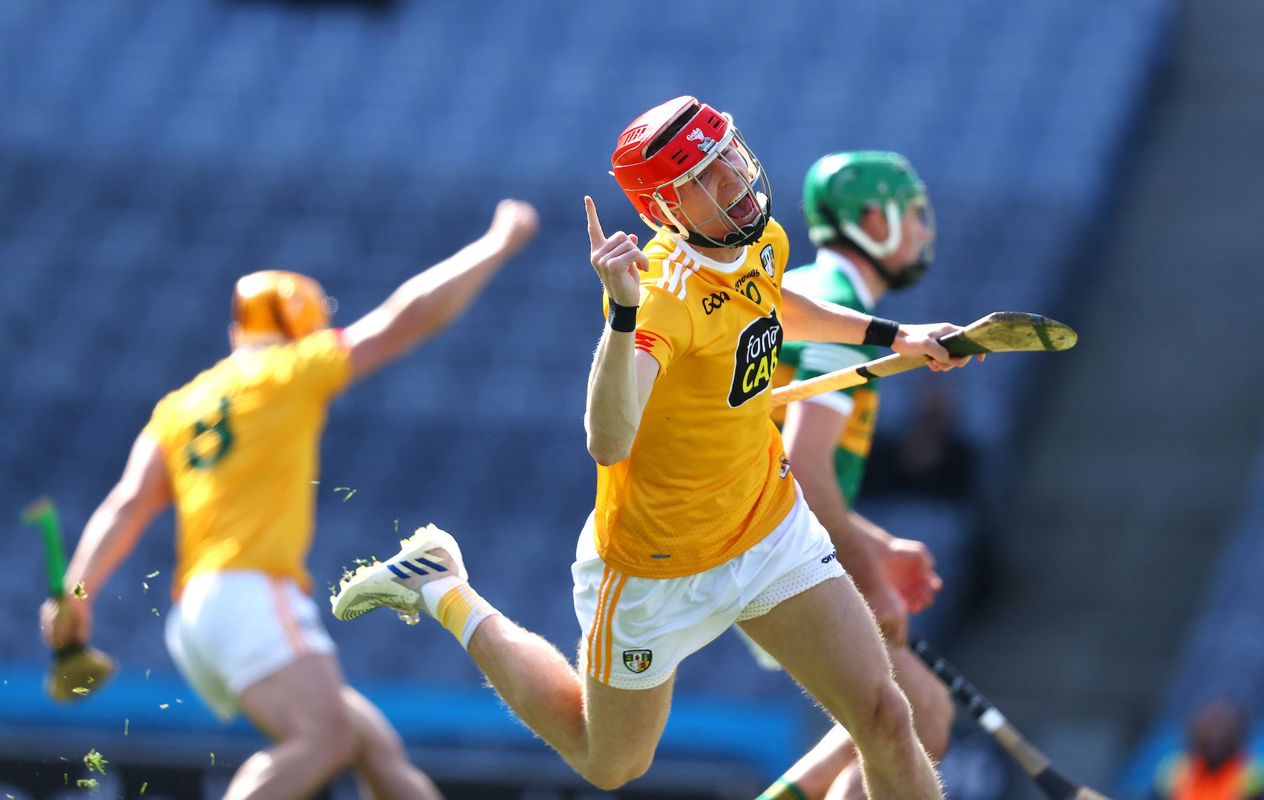 James McNaughton celebrates netting Antrim's second goal