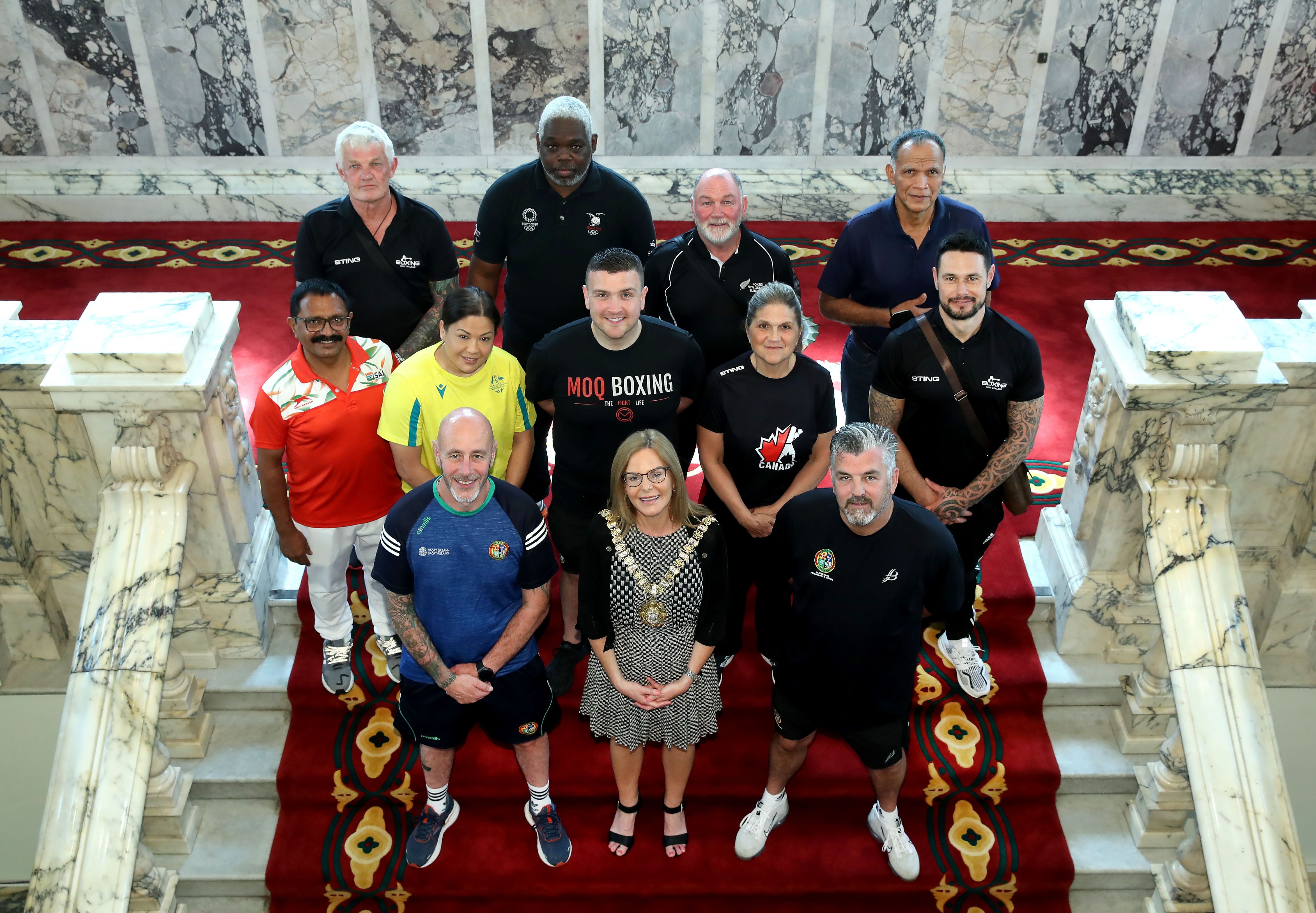 Lord Mayor Belfast, Councillor Christina Black is pictured alongside boxing coaches from nations across the Commonwealth, as they prepare for the upcoming games in Birmingham.
