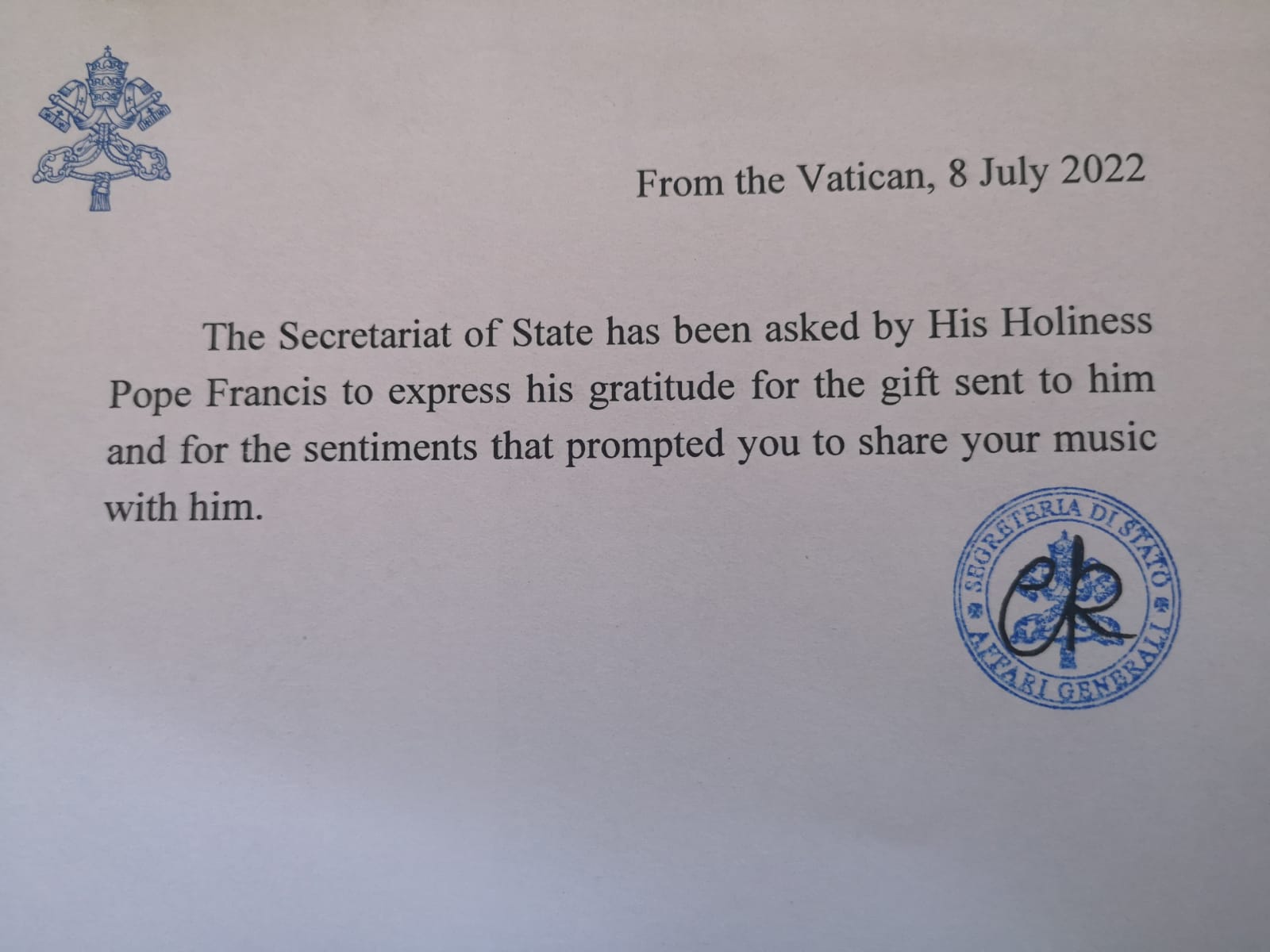 REPLY: The card received from the Papal Nuncio