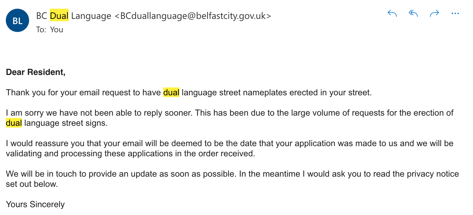 EMAIL: Residents have received the following email from Belfast City Council