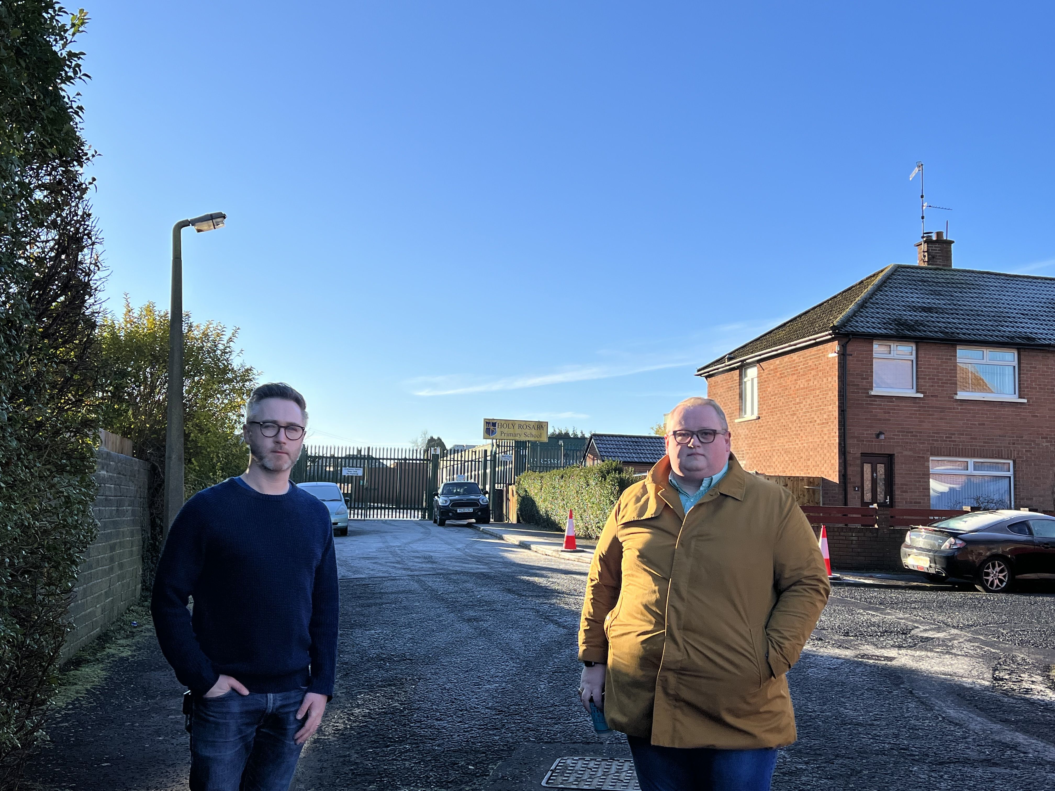 PEDESTRIANISE: Councillors Gary McKeown and Séamas de Faoite have called for roads outside schools to be pedestrianised during busy periods to increase safety and cut emissions