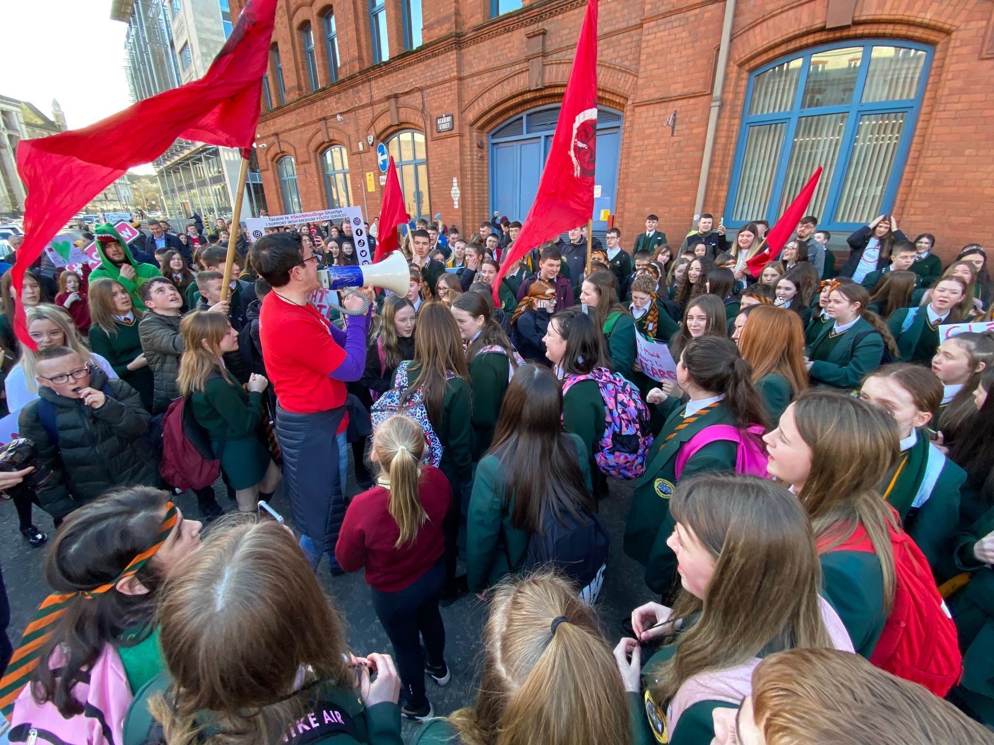 DEARG LE FEARG: The EA has previously been met with protest against cuts to Irish Medium youth services
