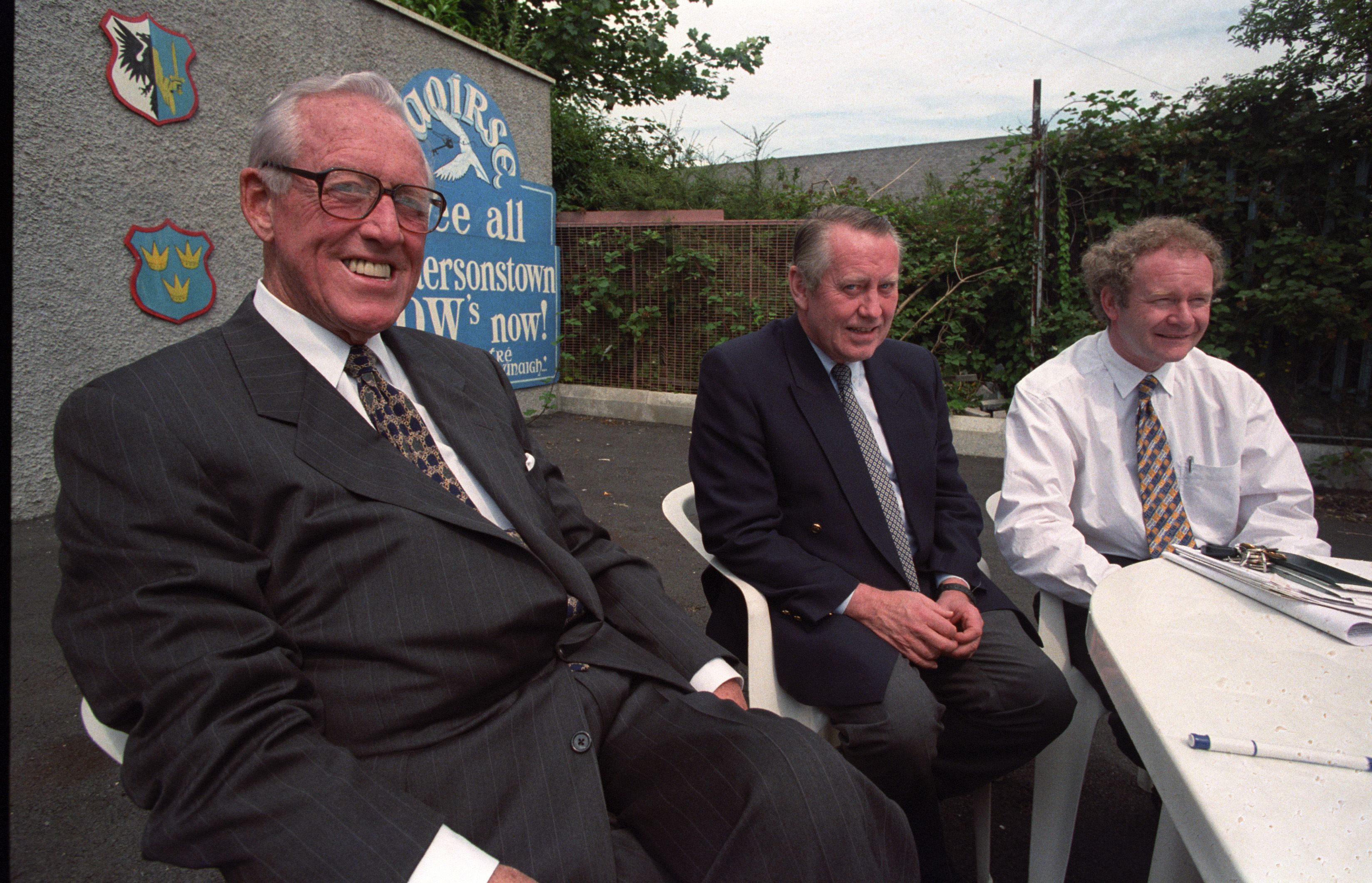 PEACE: Bill Flynn of Mutual of America Insurance (left), Philanthropist Chuck Feeney (centre) and Martin McGuinness (right) at Sinn Féin's Connolly House in July 1997