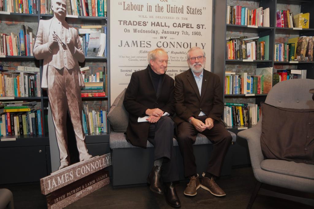 EVOCATIVE: Timothy O'Grady and Gerry Adams at the preview for 'Monaghan' in Áras Uí Chonghaile