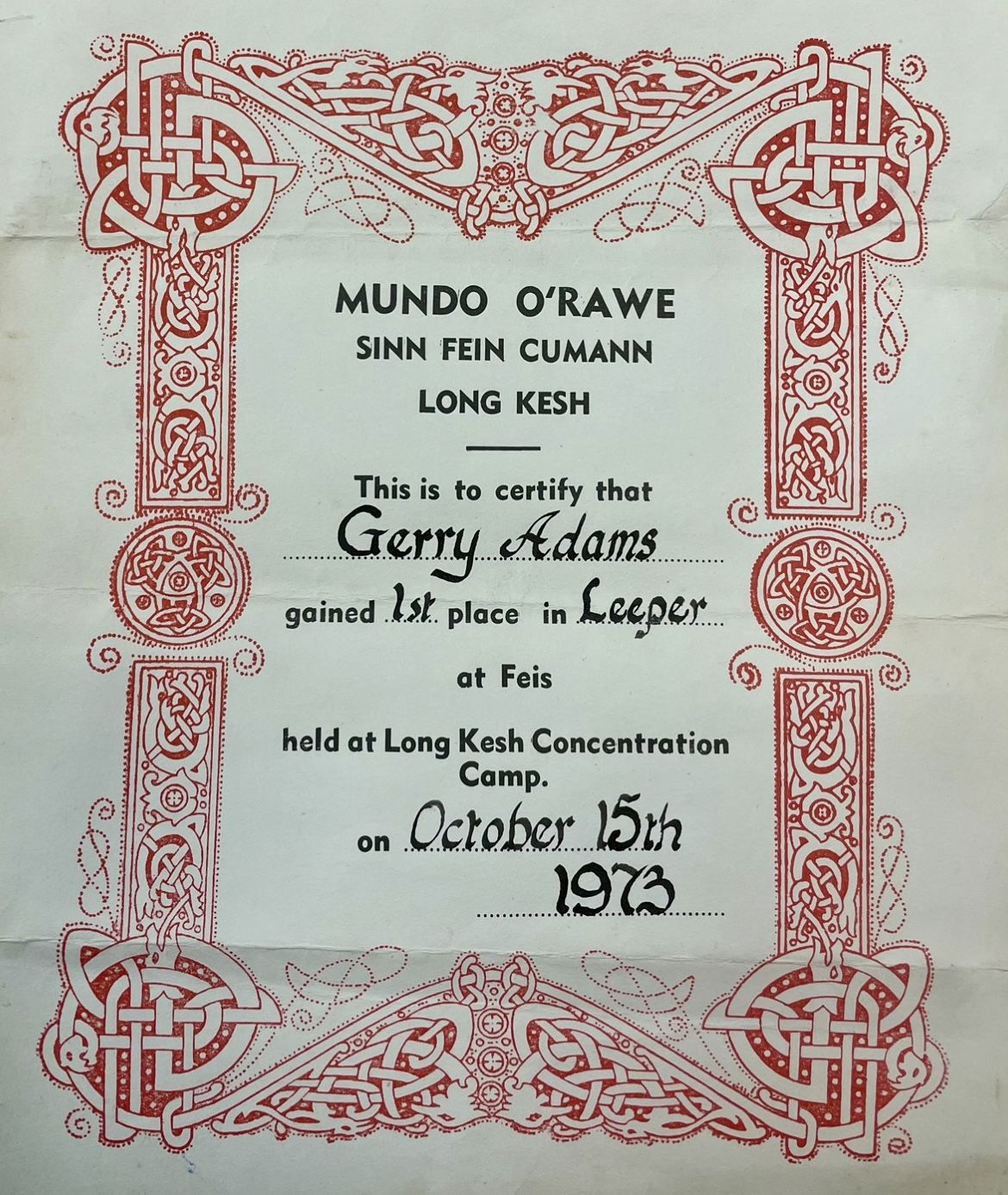 DUBIOUS HONOUR: Gerry Adams' first prize in the 1973 Long Kesh Feis