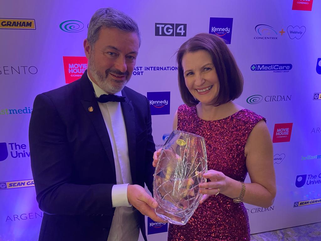 TOP-CLASS: Pete Boyle, founder of Argento, presents the Belfast Brand Award to Cathy Gormley-Heenan Provost of Ulster University