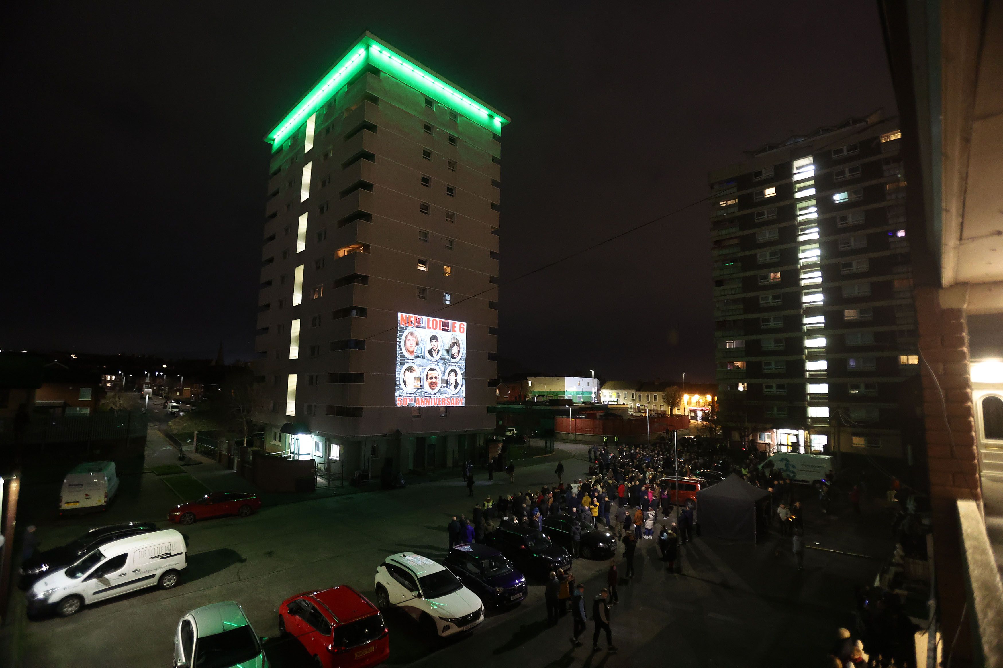 LIT UP: Séan Murray's documentary on the New Lodge Six was broadcast onto the side of Eithne House flats  LIT UP: Séan Murray's documentary on the New Lodge Six was broadcast onto the side of Eithne House flats