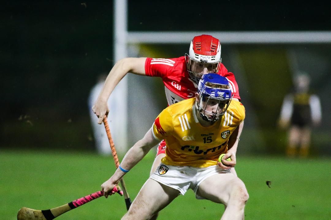 Antrim goalscorer Jack McCloskey in possession