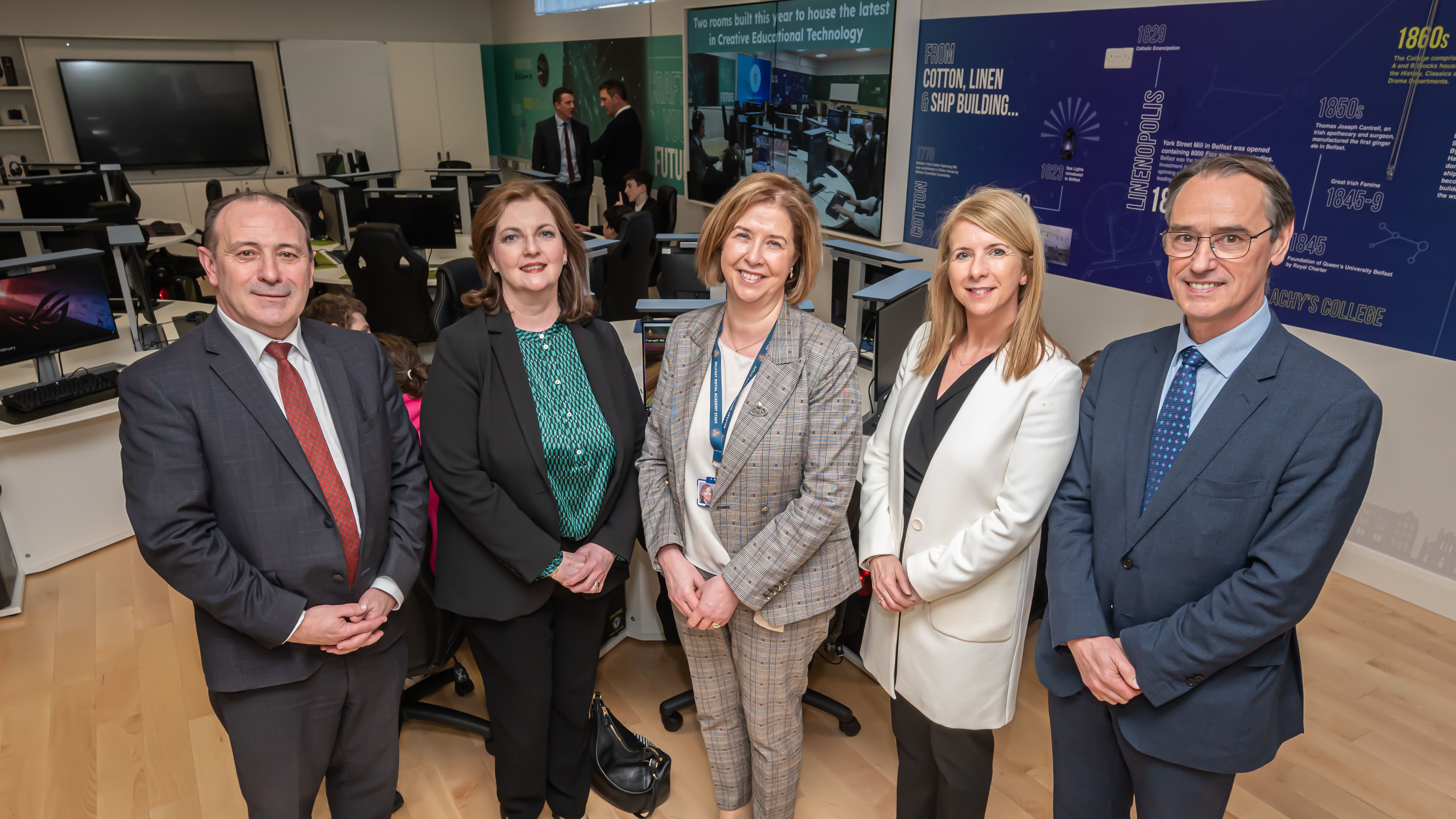 Paul McBride (St Malachy’s College), Lynda Catney (Dominican College, Fortwilliam), Hilary Woods (Belfast Royal Academy), Mary Montgomery (Belfast Boys Model) and Dr Mark Browne (Permanent Secretary for Education) 