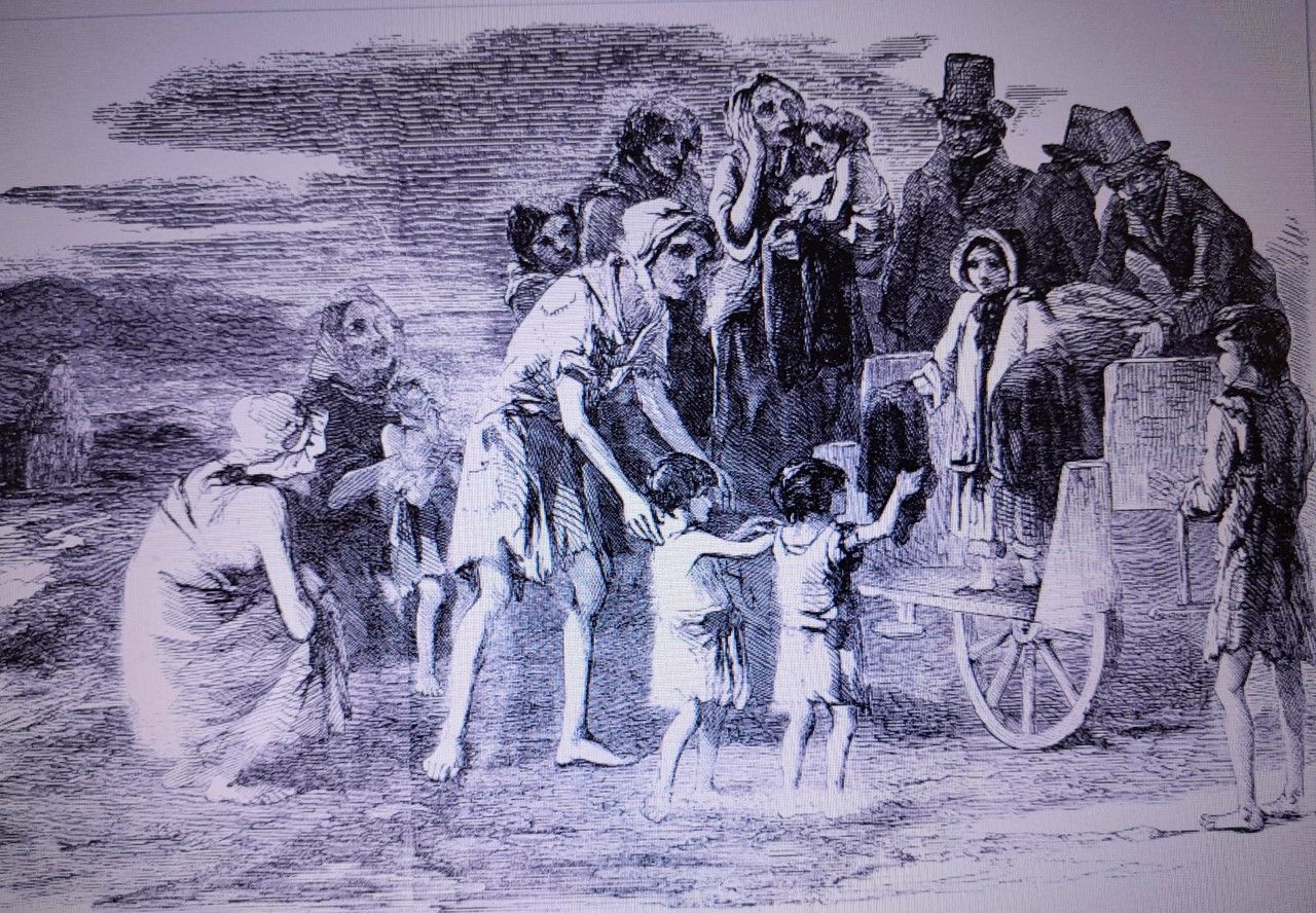 Destitute Family receiving old clothes donations, West Ireland, 1847, Illustrated London News