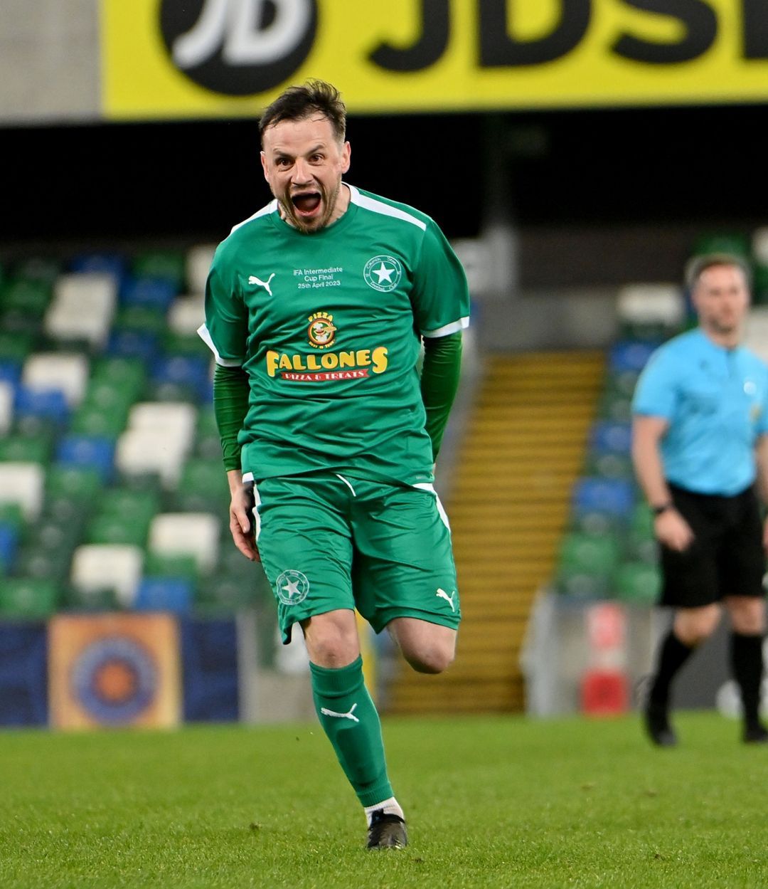 Stephen Smyth wheels away after netting what proved to be the winner