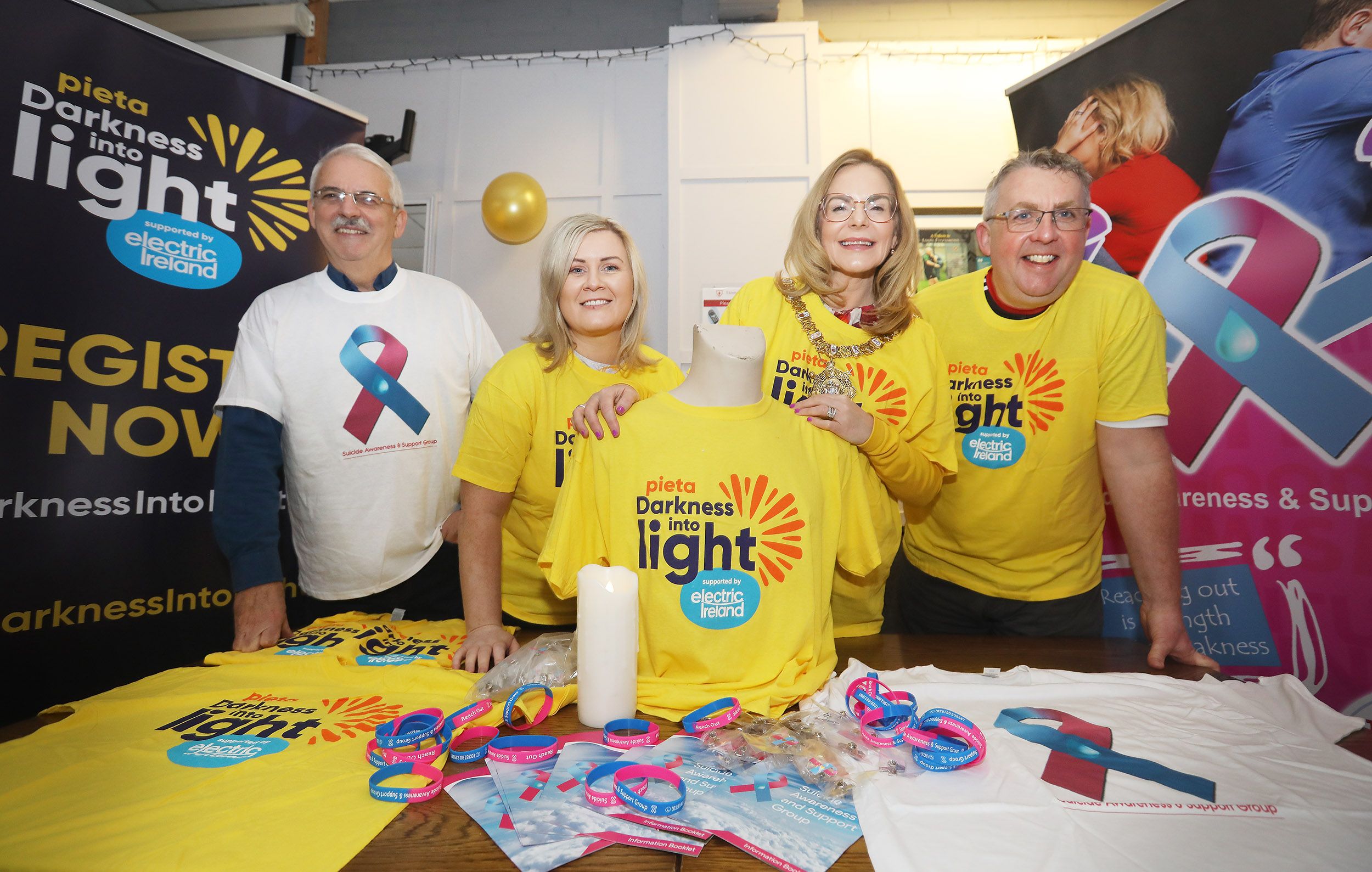 LAUNCH: Tommy Holland (Suicide Awareness), Emma Murphy (Pieta House), Lord Mayor Tina Black and Peter Kane (Lámh Dhearg) at the Darkness Into Light Launch