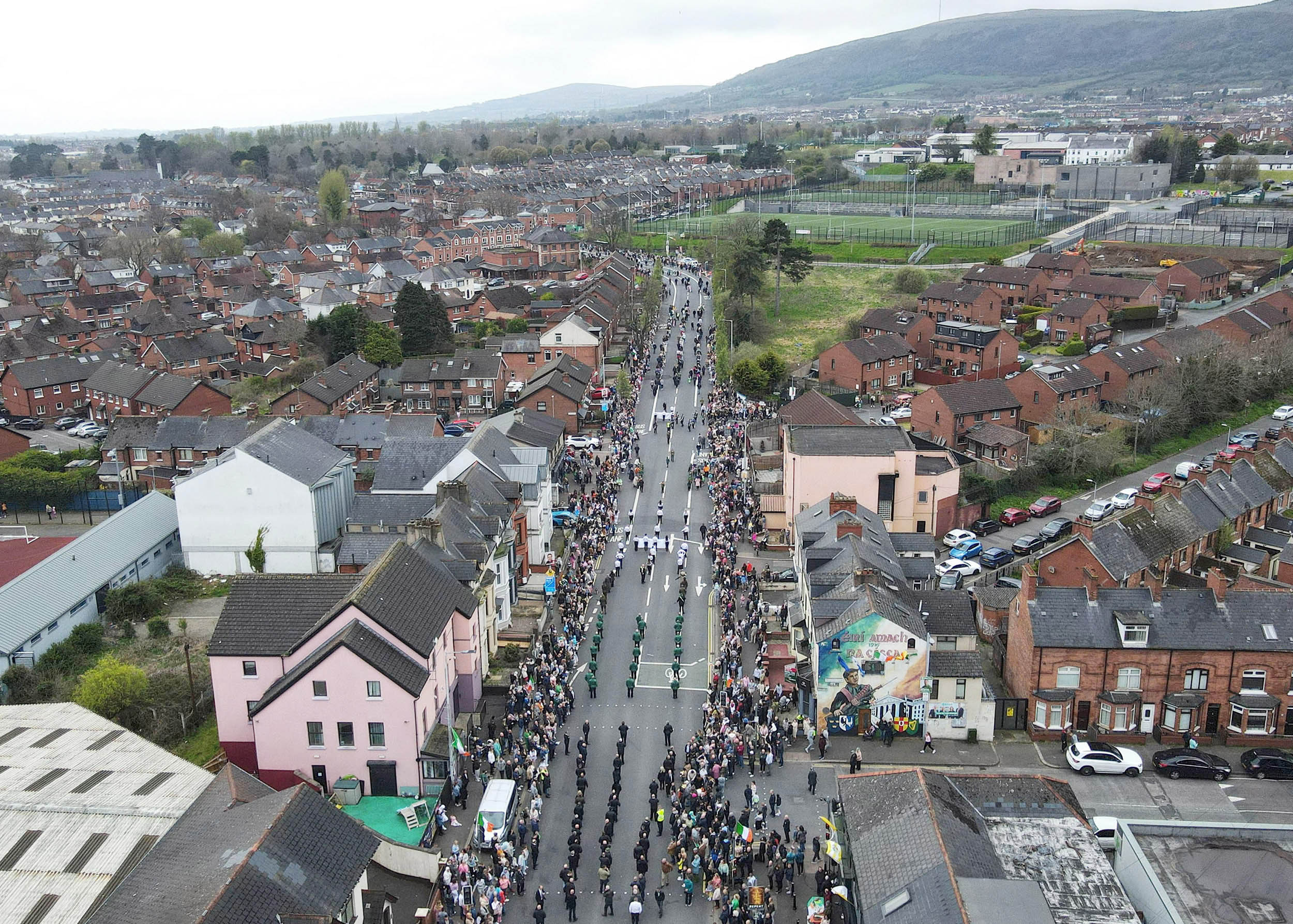 The National Graves Association parade makes its way up the Falls Road