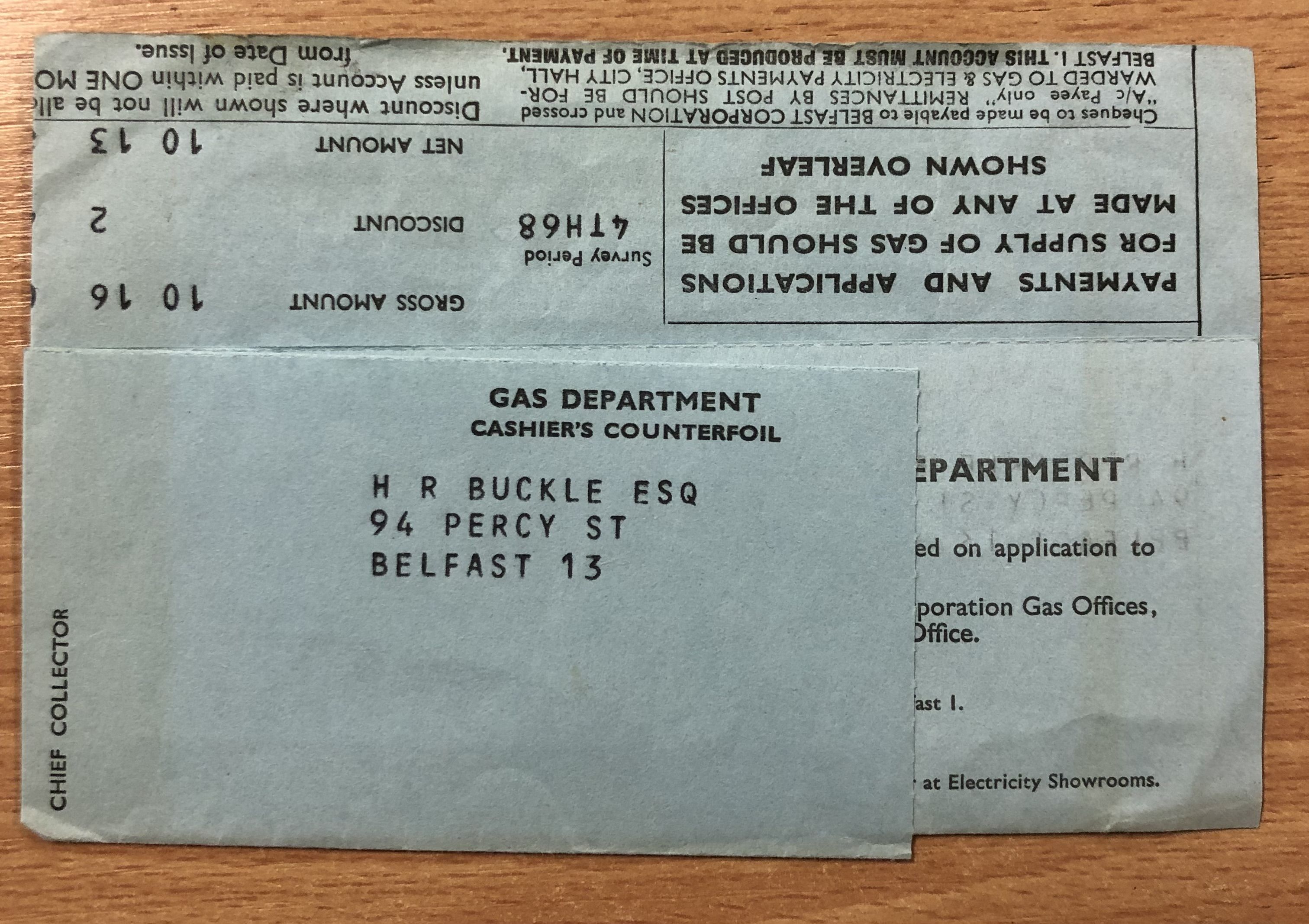 GAS BILL: The gas bill for H R Buckle which was dated November 1968 GAS BILL: The gas bill for H R Buckle which was dated November 1968